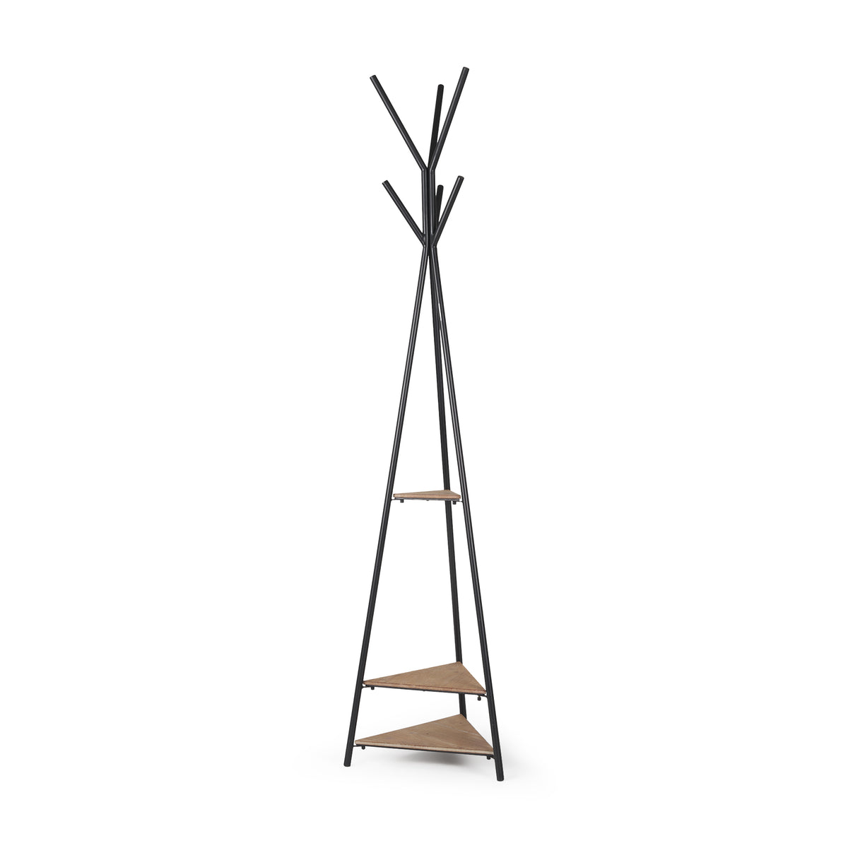 Everett Matte Black Metal w/ Two Wood Shelves Coat Rack-Coat Racks-DECOROLALA