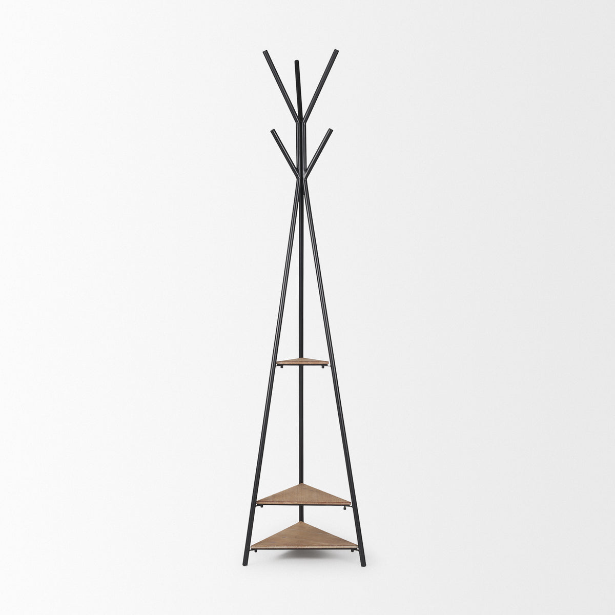 Everett Matte Black Metal w/ Two Wood Shelves Coat Rack-Coat Racks-DECOROLALA