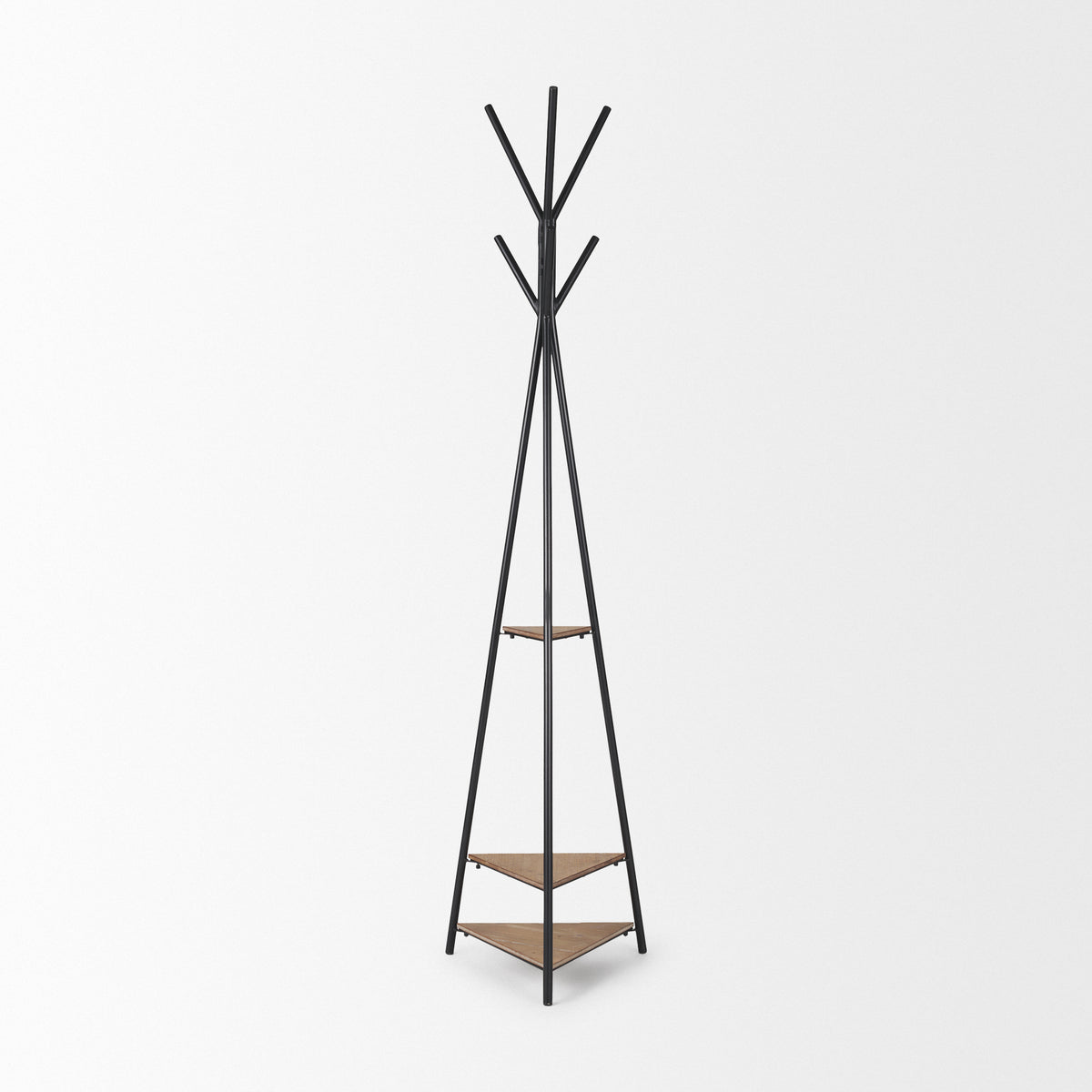 Everett Matte Black Metal w/ Two Wood Shelves Coat Rack-Coat Racks-DECOROLALA