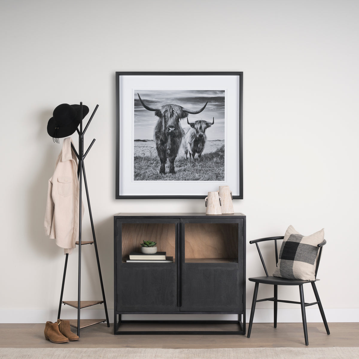 Everett Matte Black Metal w/ Two Wood Shelves Coat Rack-Coat Racks-DECOROLALA