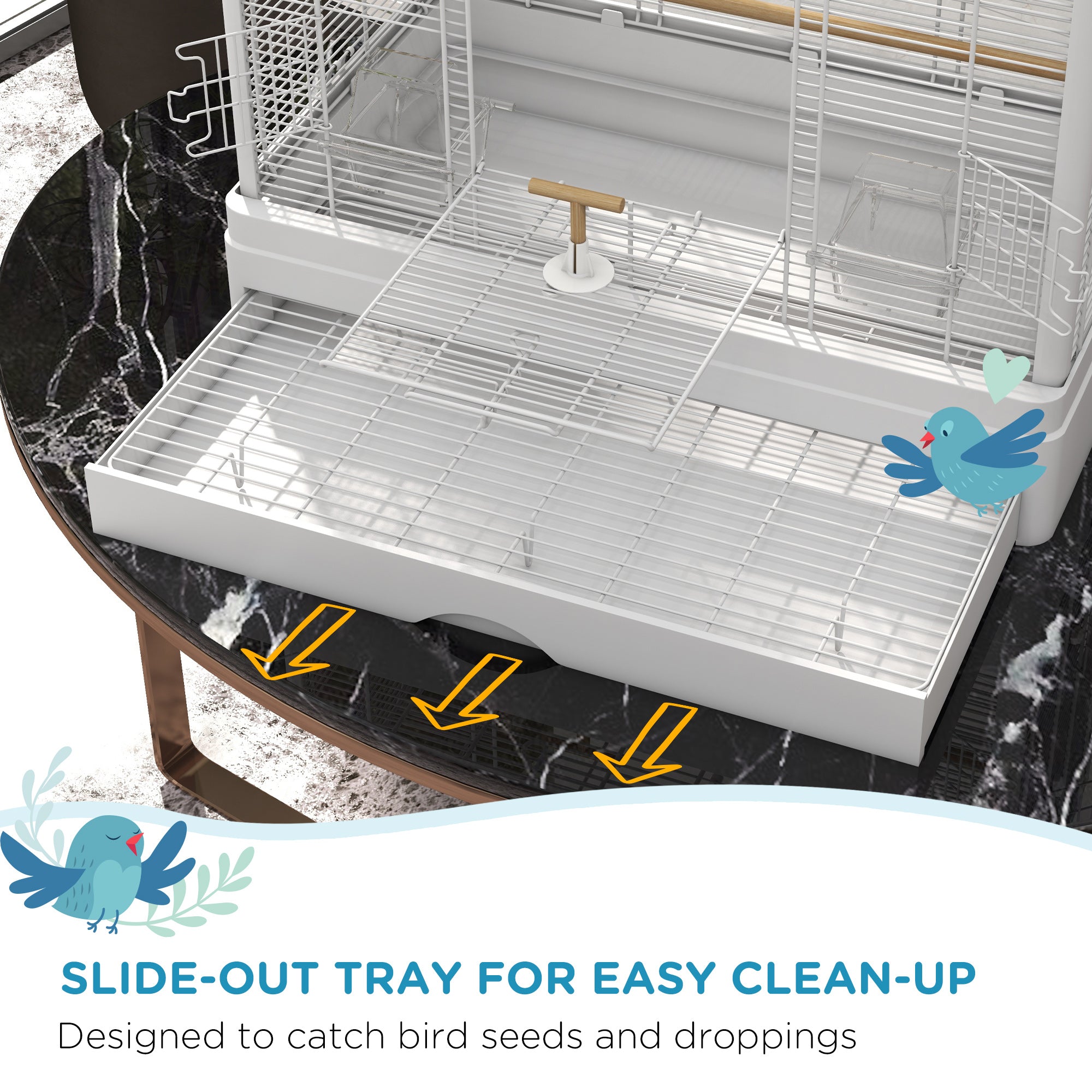 22" Bird Cage for Budgie Finches Canaries Love Birds with Wooden Stands, Slide-Out Tray, Handles, Food Containers, White