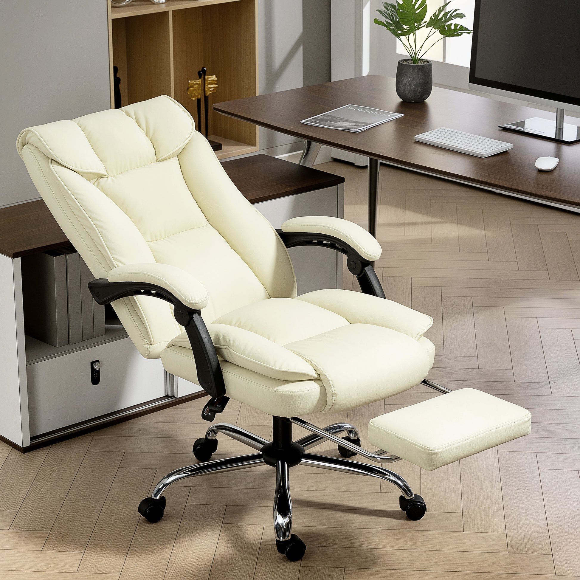 Executive Office Chair - Beige Pet-Friendly Leather Recliner-DECOROLALA