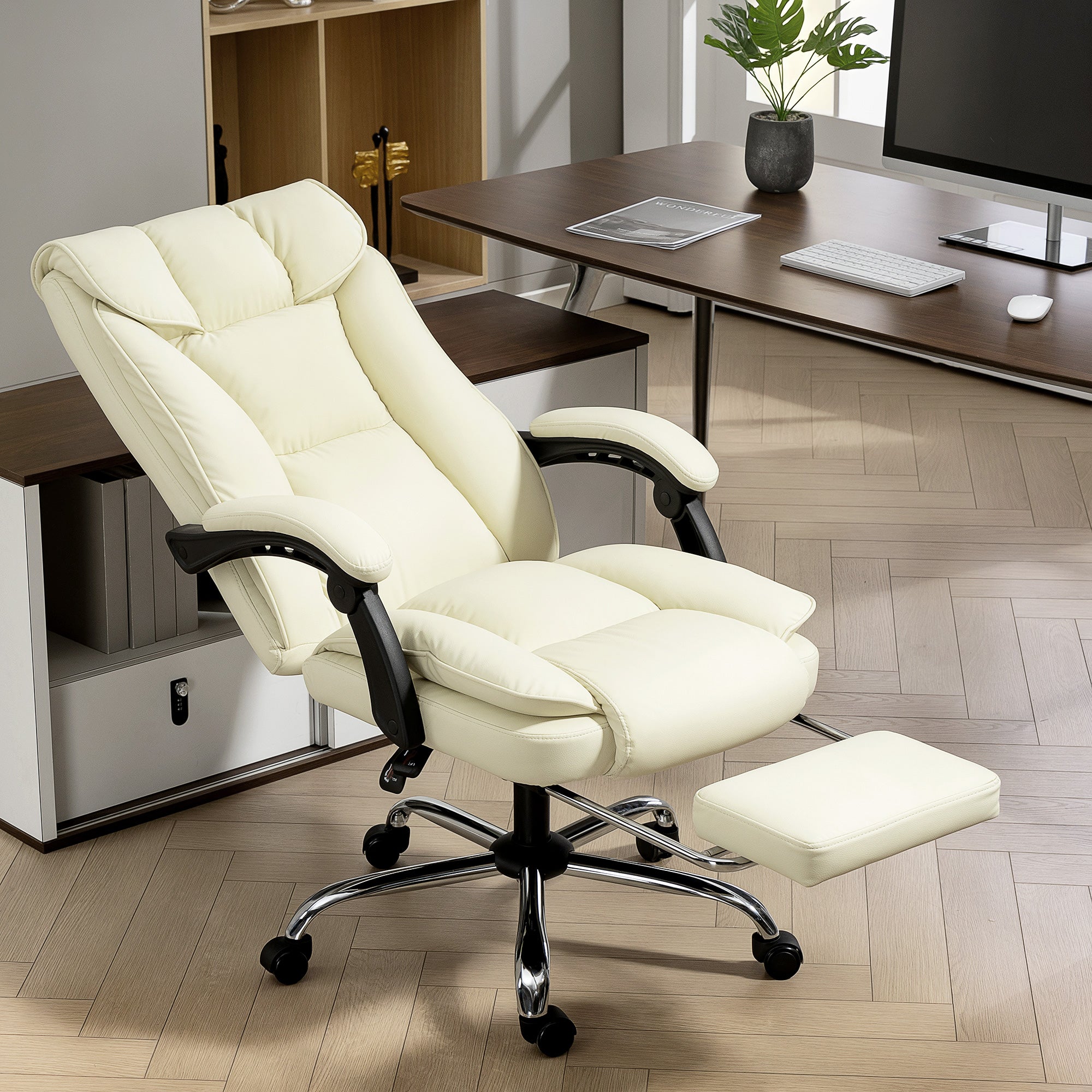 Executive Office Chair - Beige Pet-Friendly Leather Recliner-DECOROLALA