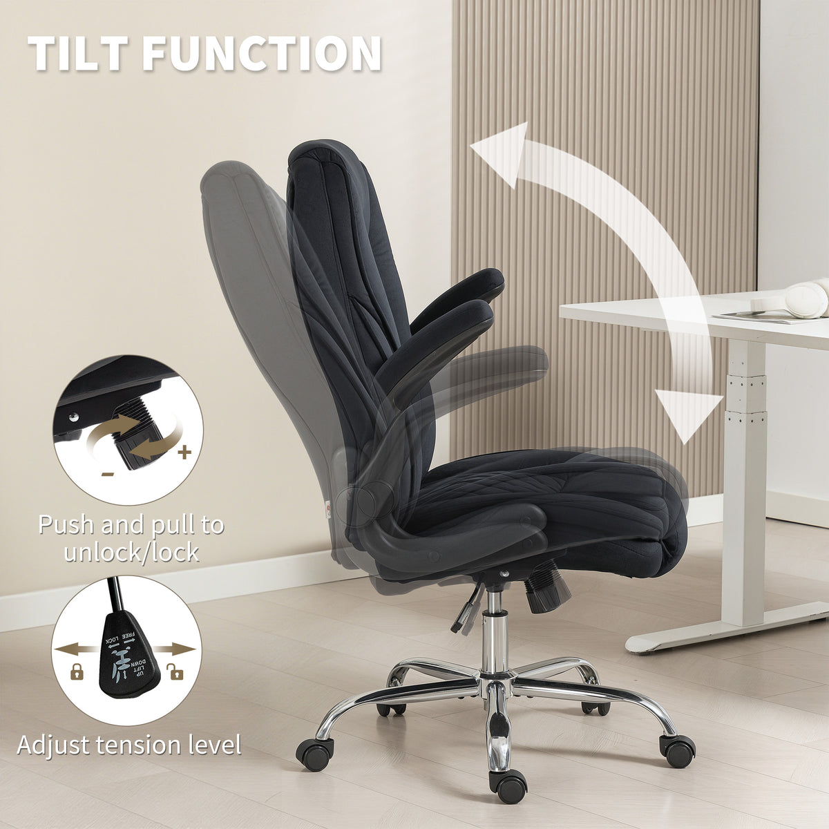 Executive Office Chair - Black Velvet with Flip-up Arms-Office Products > Office Furniture > Office Chairs > Executive & Manager Chairs-DECOROLALA