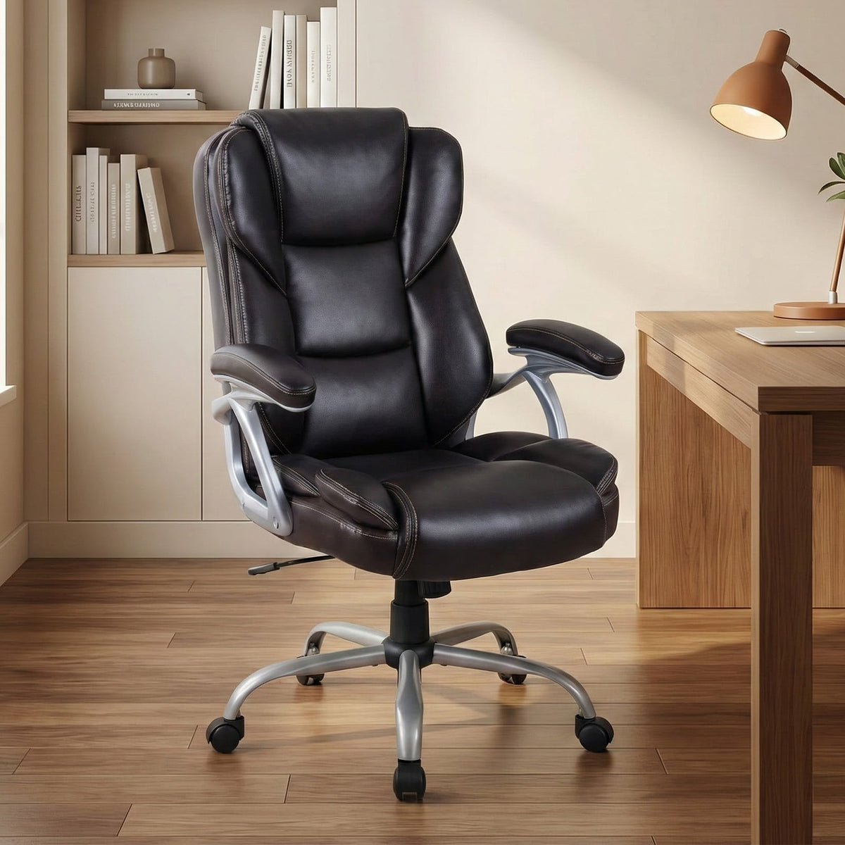 Executive Office Chair Leather Ergonomic Computer Desk Chair with Padded Seat and Armrests-Brown-Executive Office Chairs-DECOROLALA
