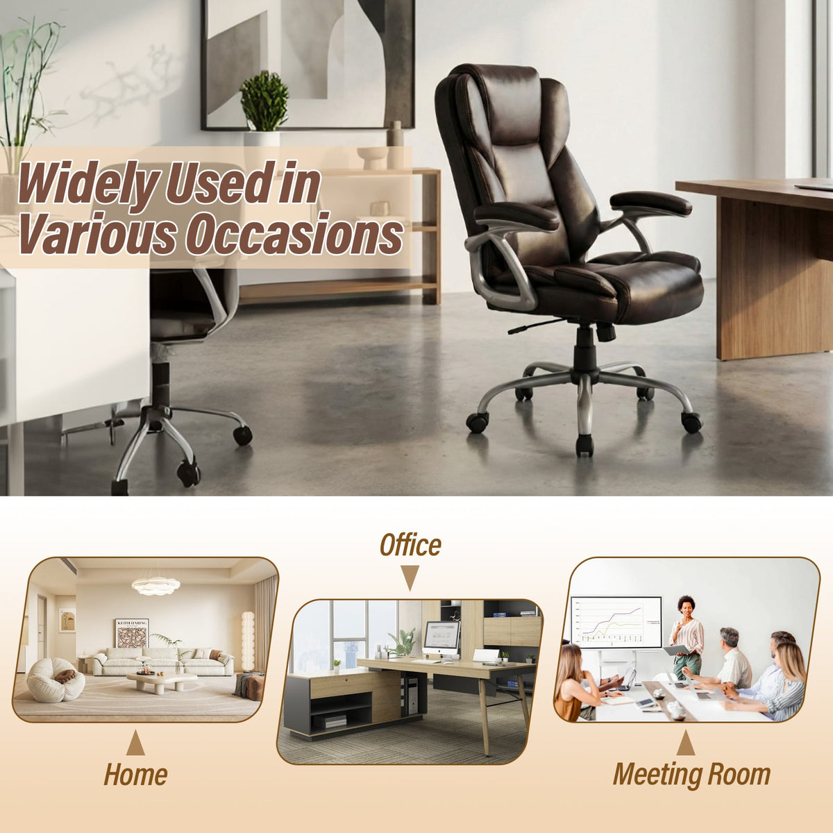 Executive Office Chair Leather Ergonomic Computer Desk Chair with Padded Seat and Armrests-Brown-Executive Office Chairs-DECOROLALA