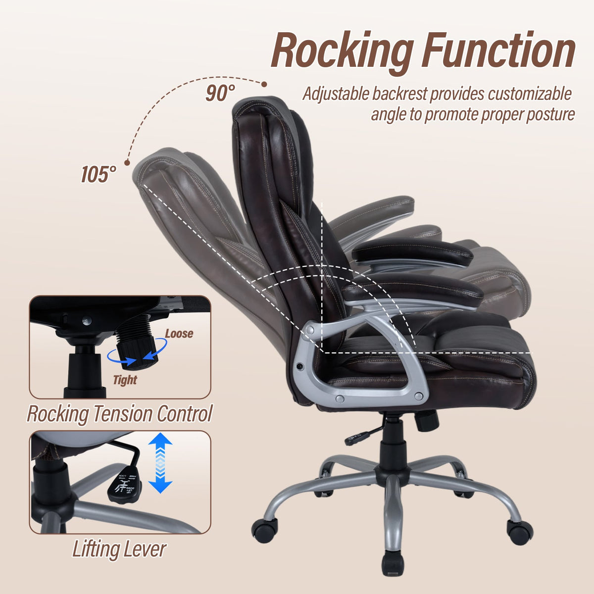 Executive Office Chair Leather Ergonomic Computer Desk Chair with Padded Seat and Armrests-Brown-Executive Office Chairs-DECOROLALA