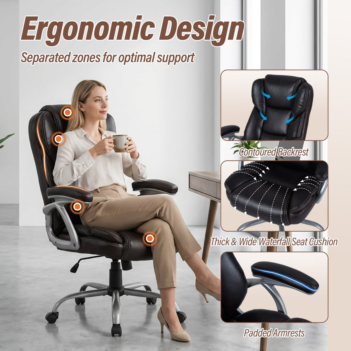 Executive Office Chair Leather Ergonomic Computer Desk Chair with Padded Seat and Armrests-Brown-Executive Office Chairs-DECOROLALA