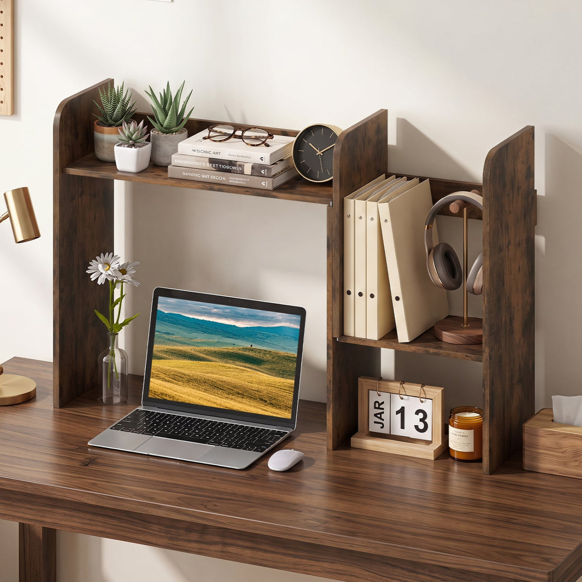 Expandable Desk Bookshelf with Open Cubes and Desktop Display Rack-Rustic Brown-Bookcases-DECOROLALA