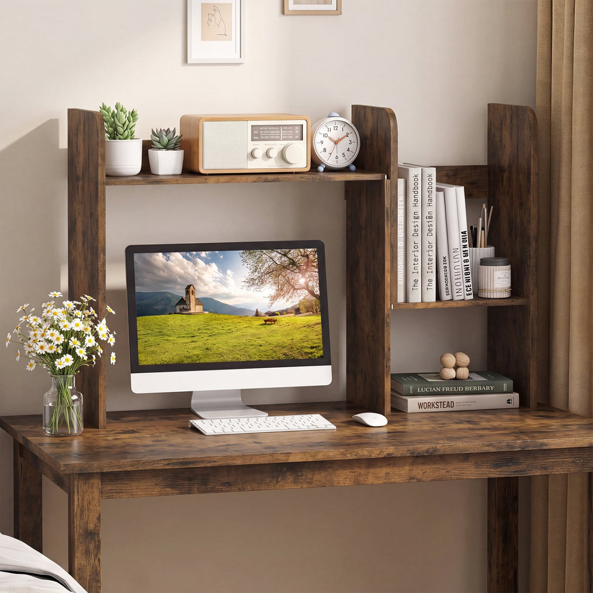 Expandable Desk Bookshelf with Open Cubes and Desktop Display Rack-Rustic Brown-Bookcases-DECOROLALA