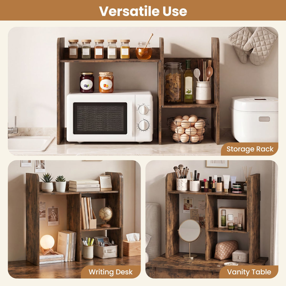 Expandable Desk Bookshelf with Open Cubes and Desktop Display Rack-Rustic Brown-Bookcases-DECOROLALA