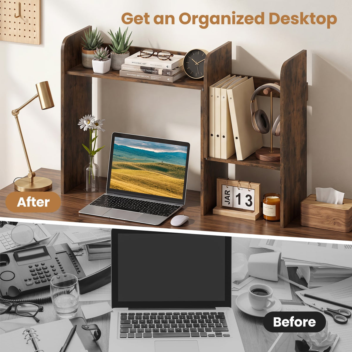 Expandable Desk Bookshelf with Open Cubes and Desktop Display Rack-Rustic Brown-Bookcases-DECOROLALA