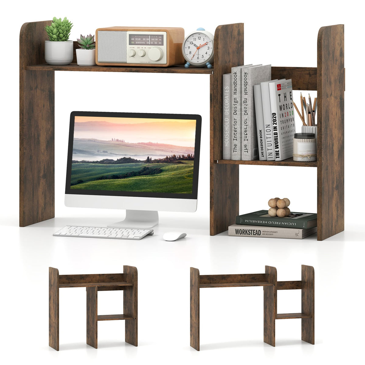 Expandable Desk Bookshelf with Open Cubes and Desktop Display Rack-Rustic Brown-Bookcases-DECOROLALA