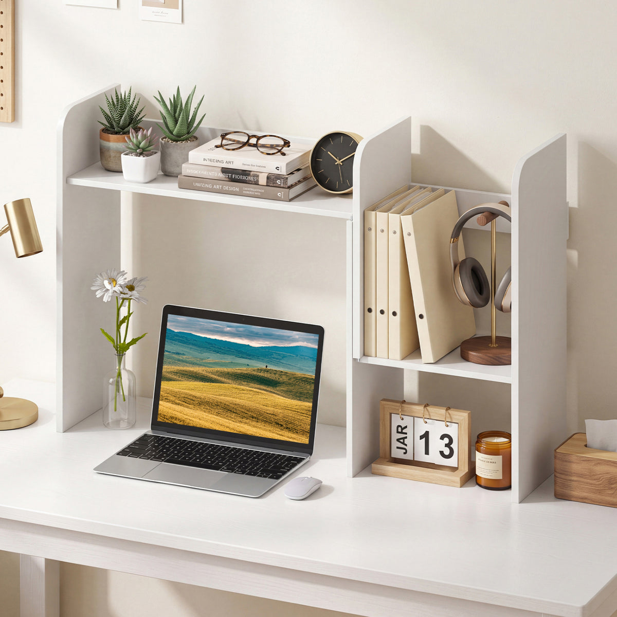 Expandable Desk Bookshelf with Open Cubes and Desktop Display Rack-White-Bookcases-DECOROLALA
