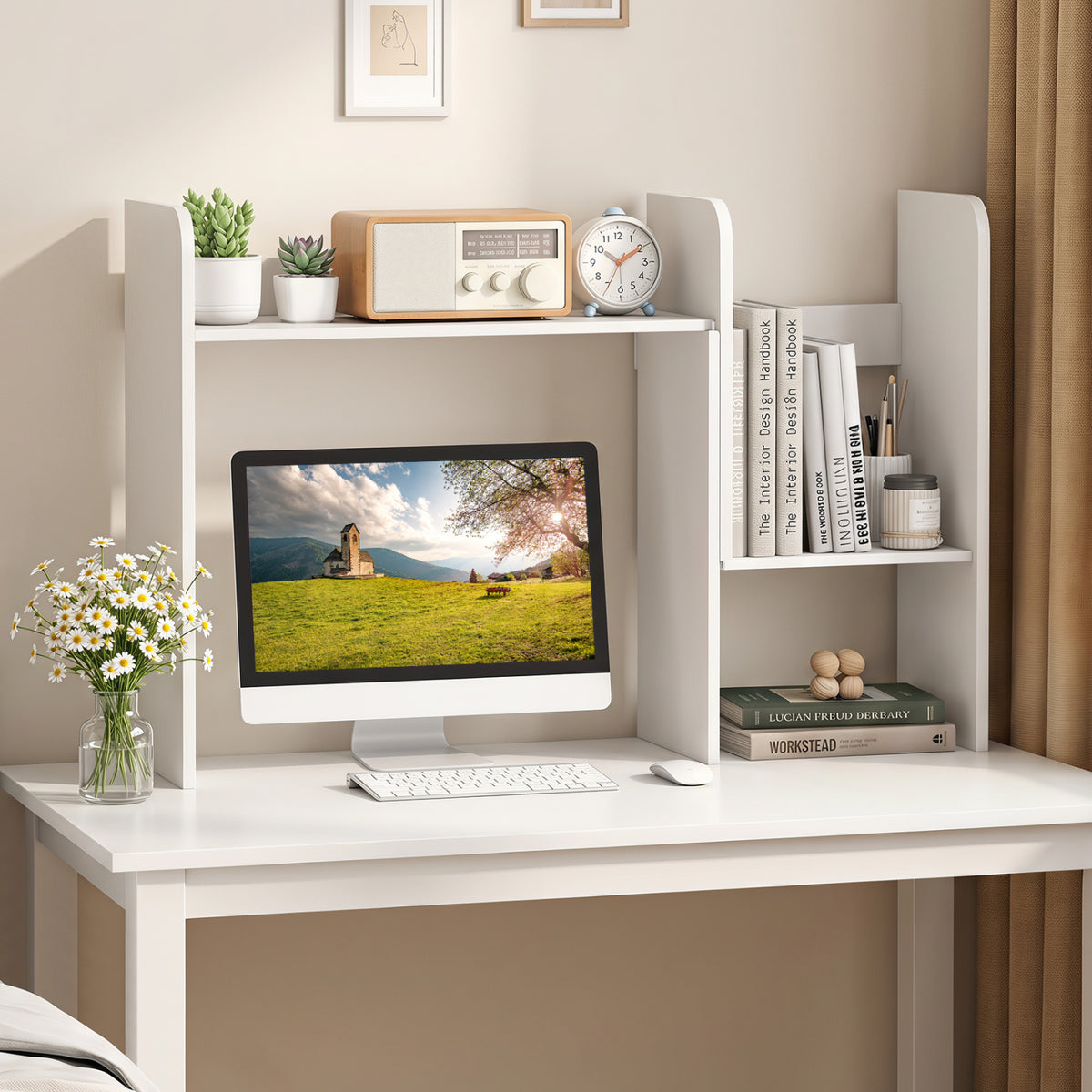 Expandable Desk Bookshelf with Open Cubes and Desktop Display Rack-White-Bookcases-DECOROLALA