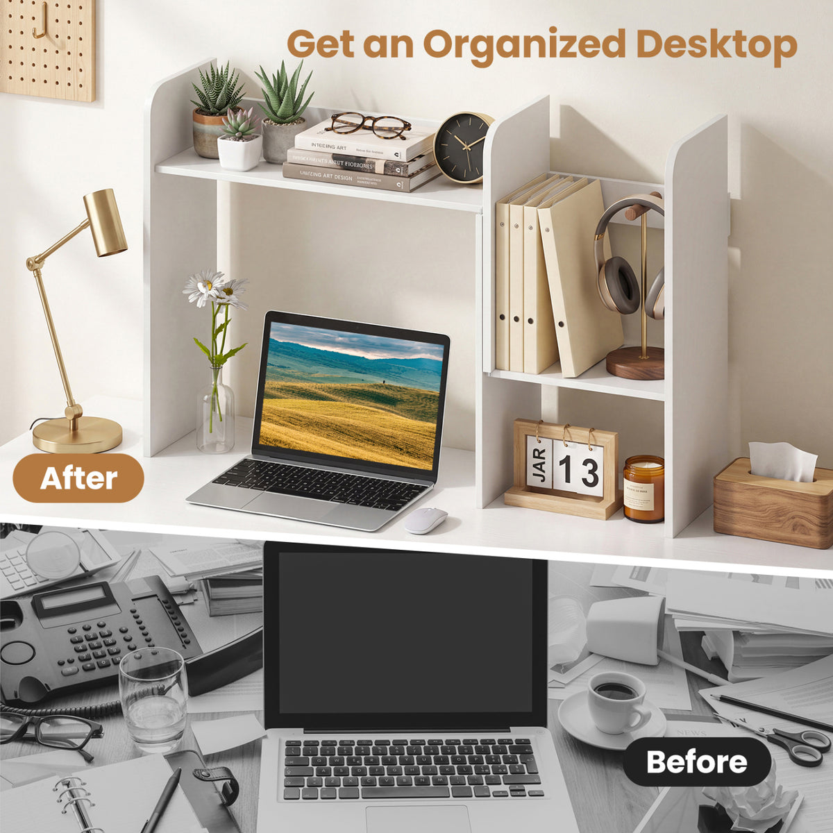 Expandable Desk Bookshelf with Open Cubes and Desktop Display Rack-White-Bookcases-DECOROLALA