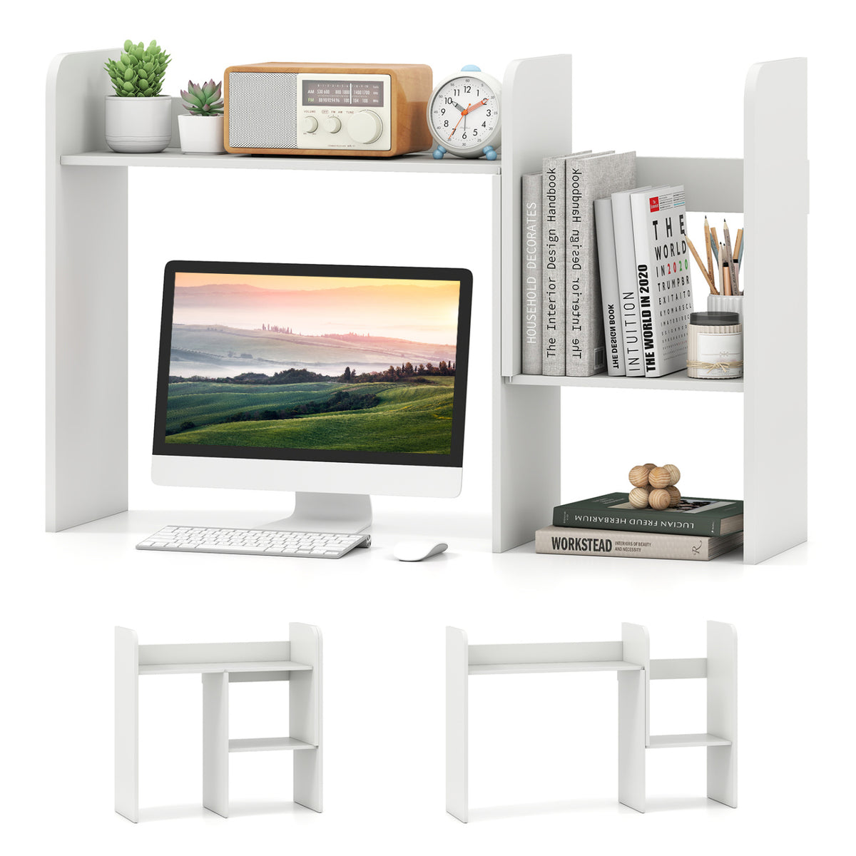 Expandable Desk Bookshelf with Open Cubes and Desktop Display Rack-White-Bookcases-DECOROLALA