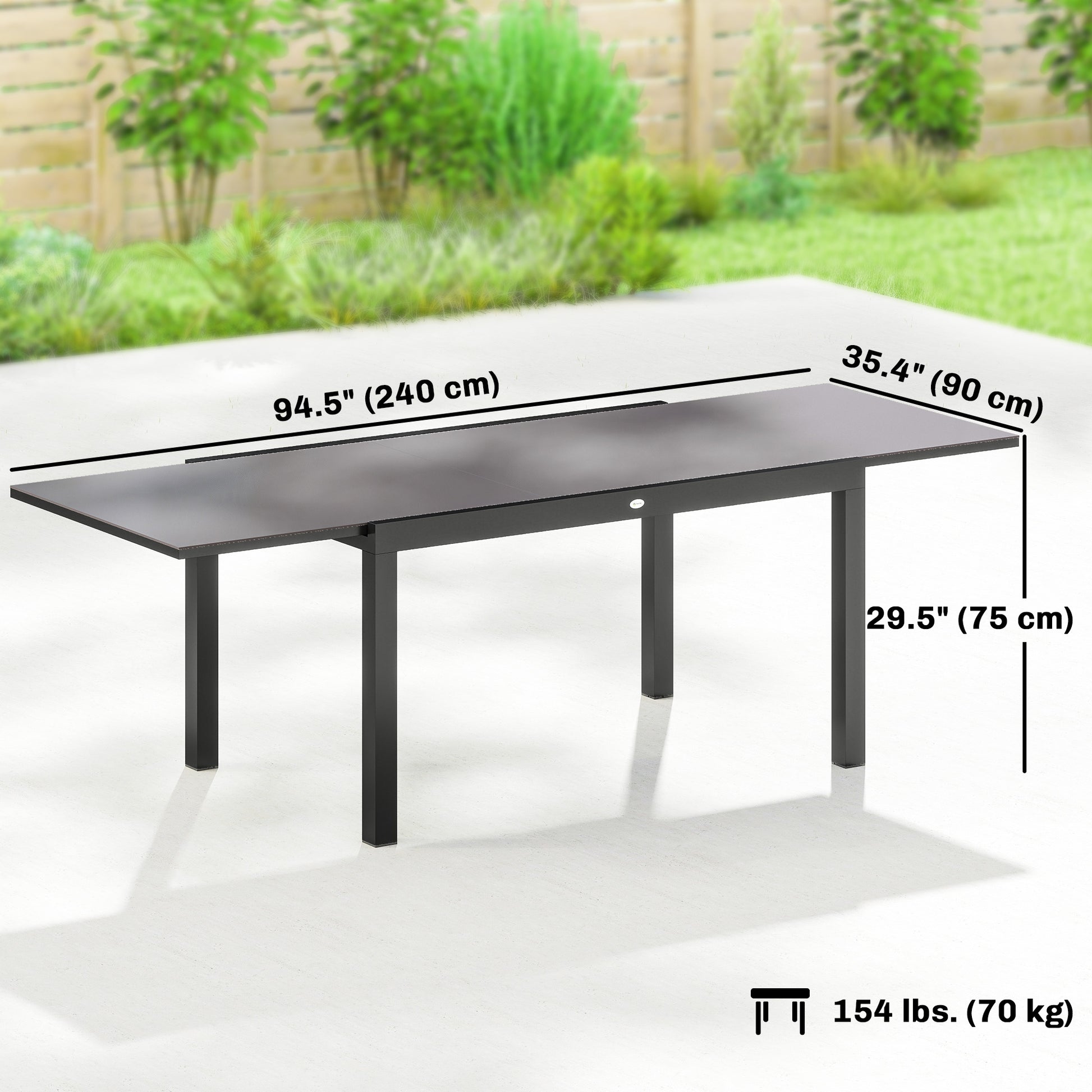 Expandable Dining Table, 55"-95" Black Patio Glass Top Aluminum Frame-DECOROLALA