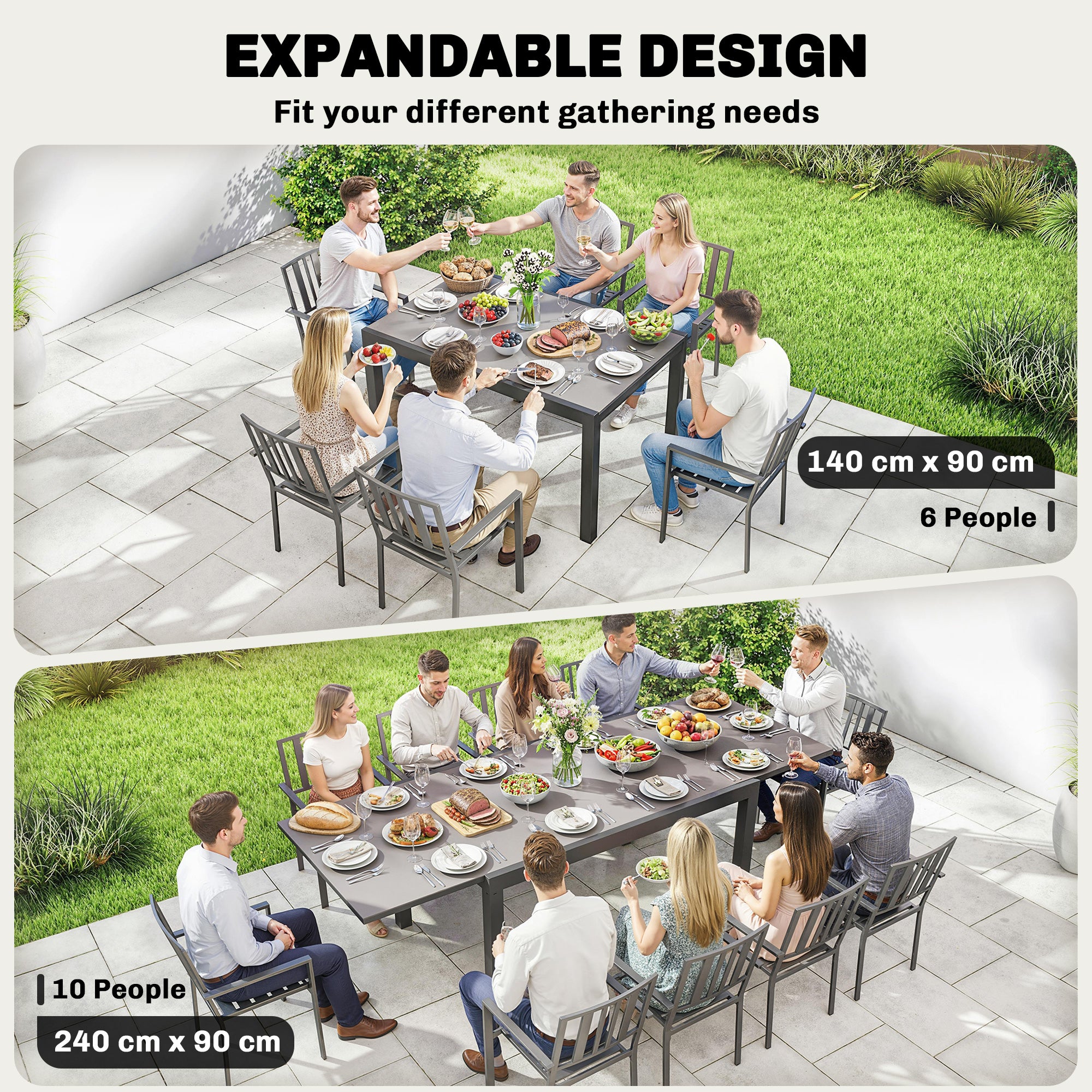 Expandable Dining Table, 55"-95" Black Patio Glass Top Aluminum Frame-DECOROLALA