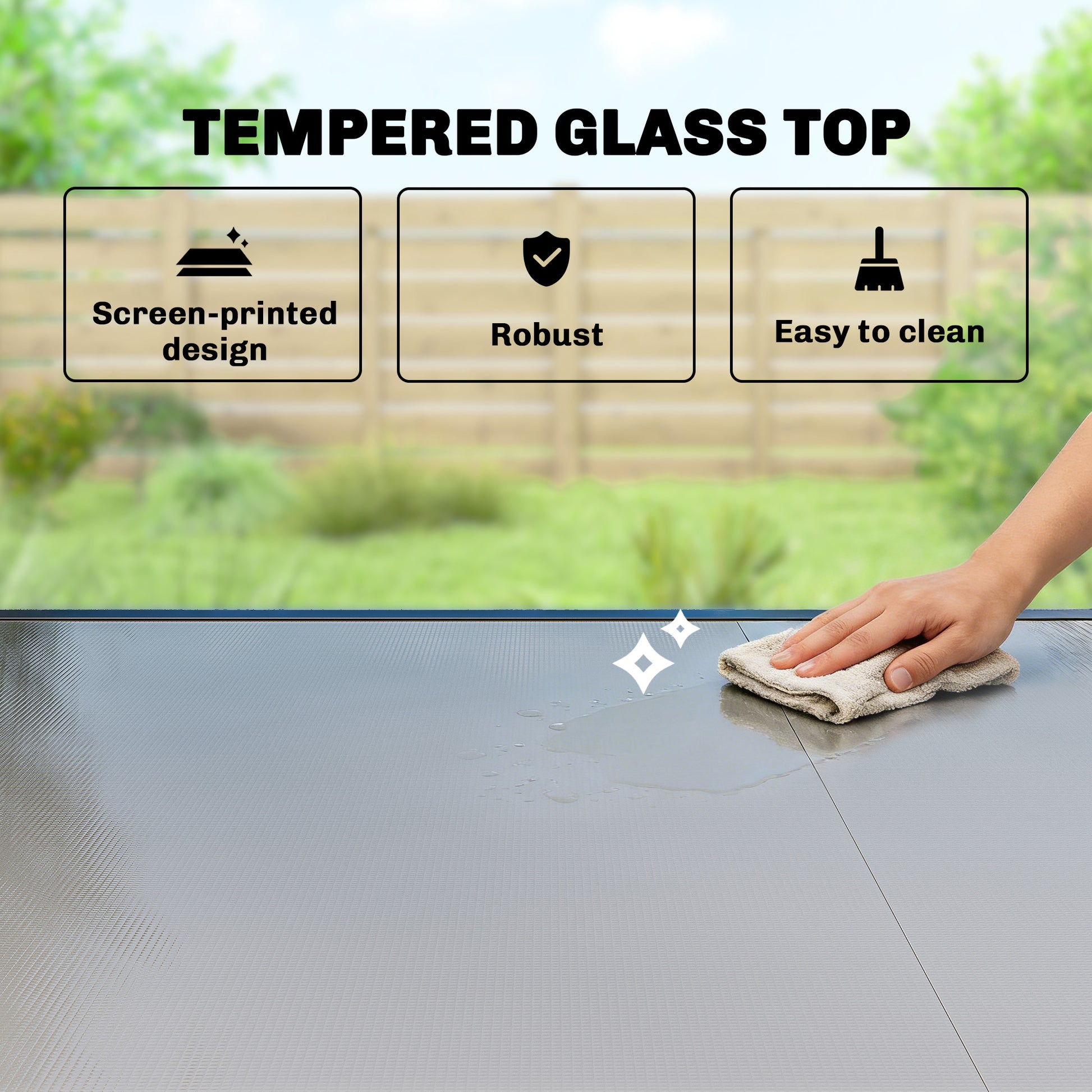 Expandable Dining Table, 55"-95" Black Patio Glass Top Aluminum Frame-DECOROLALA