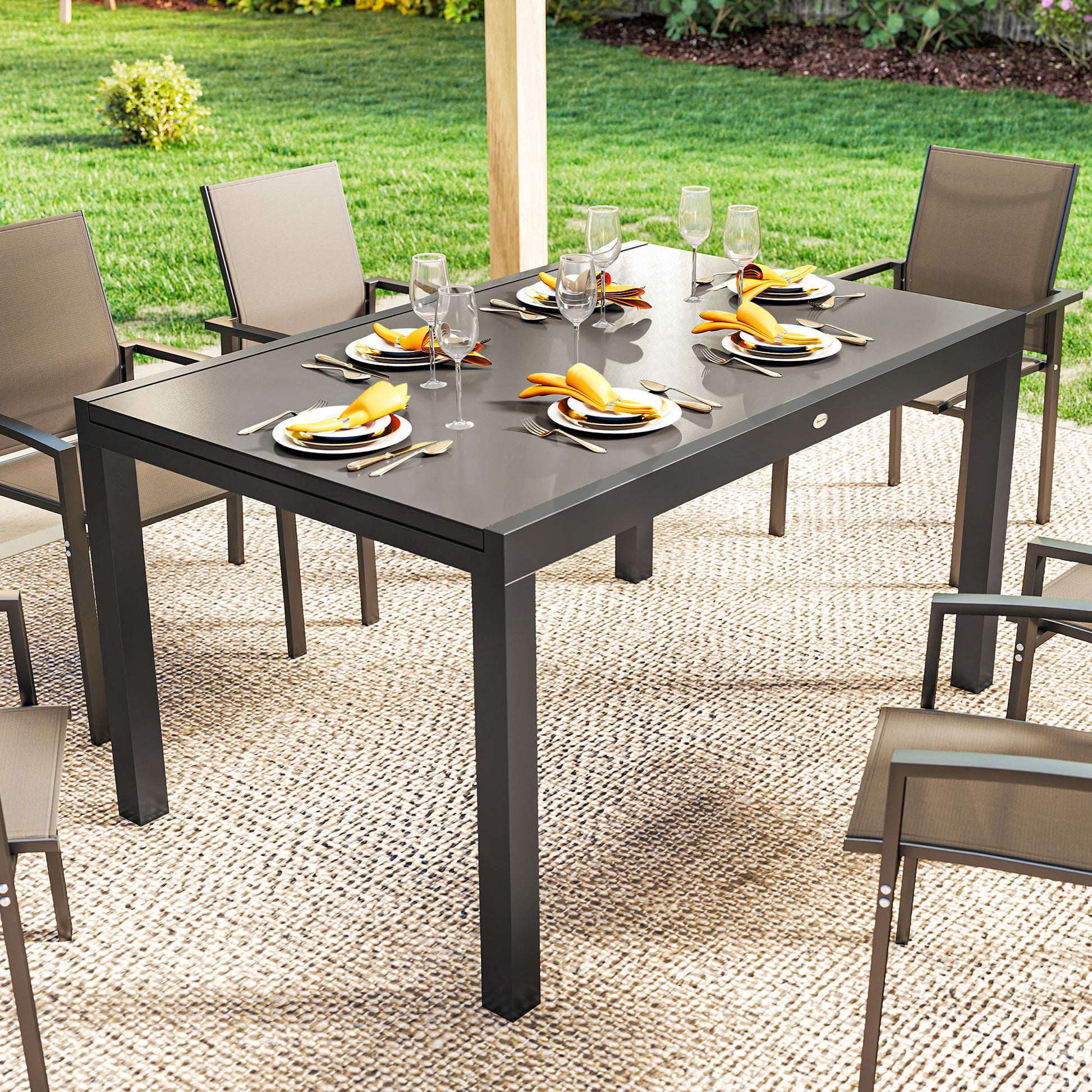 Expandable Dining Table, 55"-95" Black Patio Glass Top Aluminum Frame-DECOROLALA