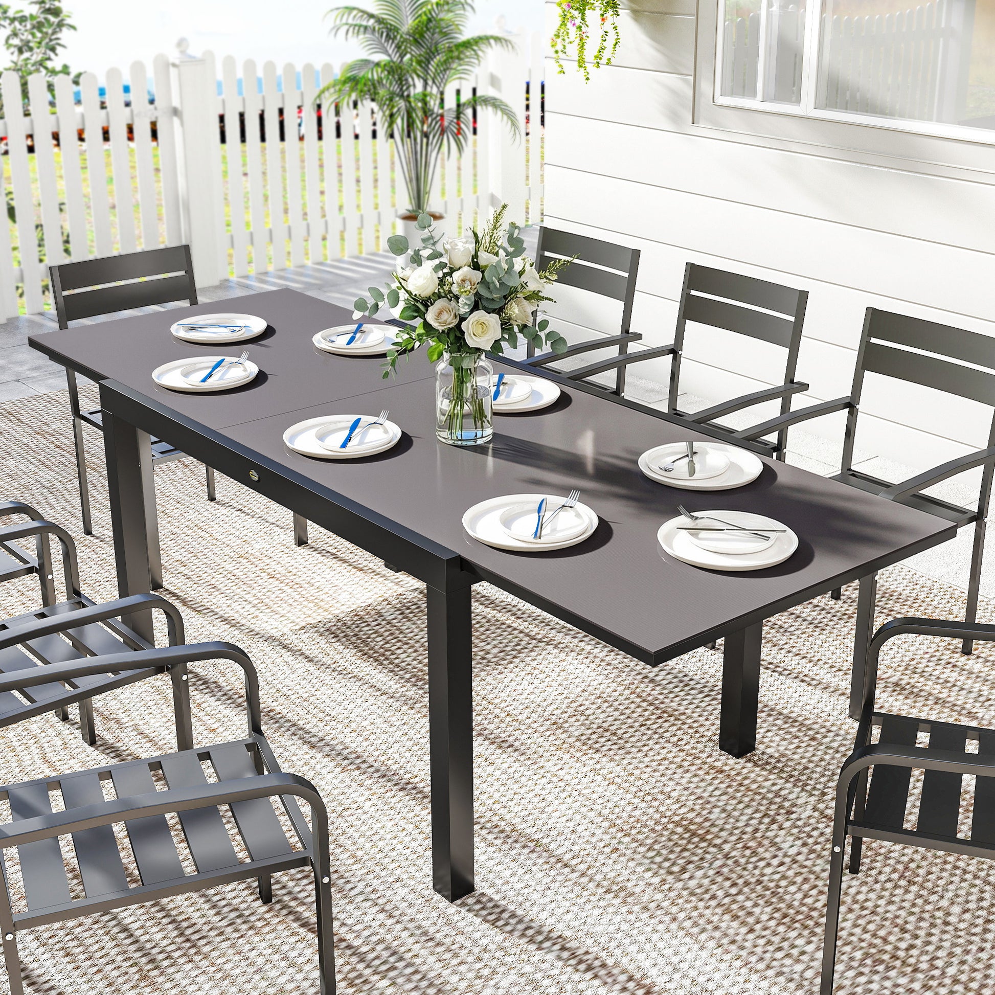 Expandable Dining Table, 55"-95" Black Patio Glass Top Aluminum Frame-DECOROLALA