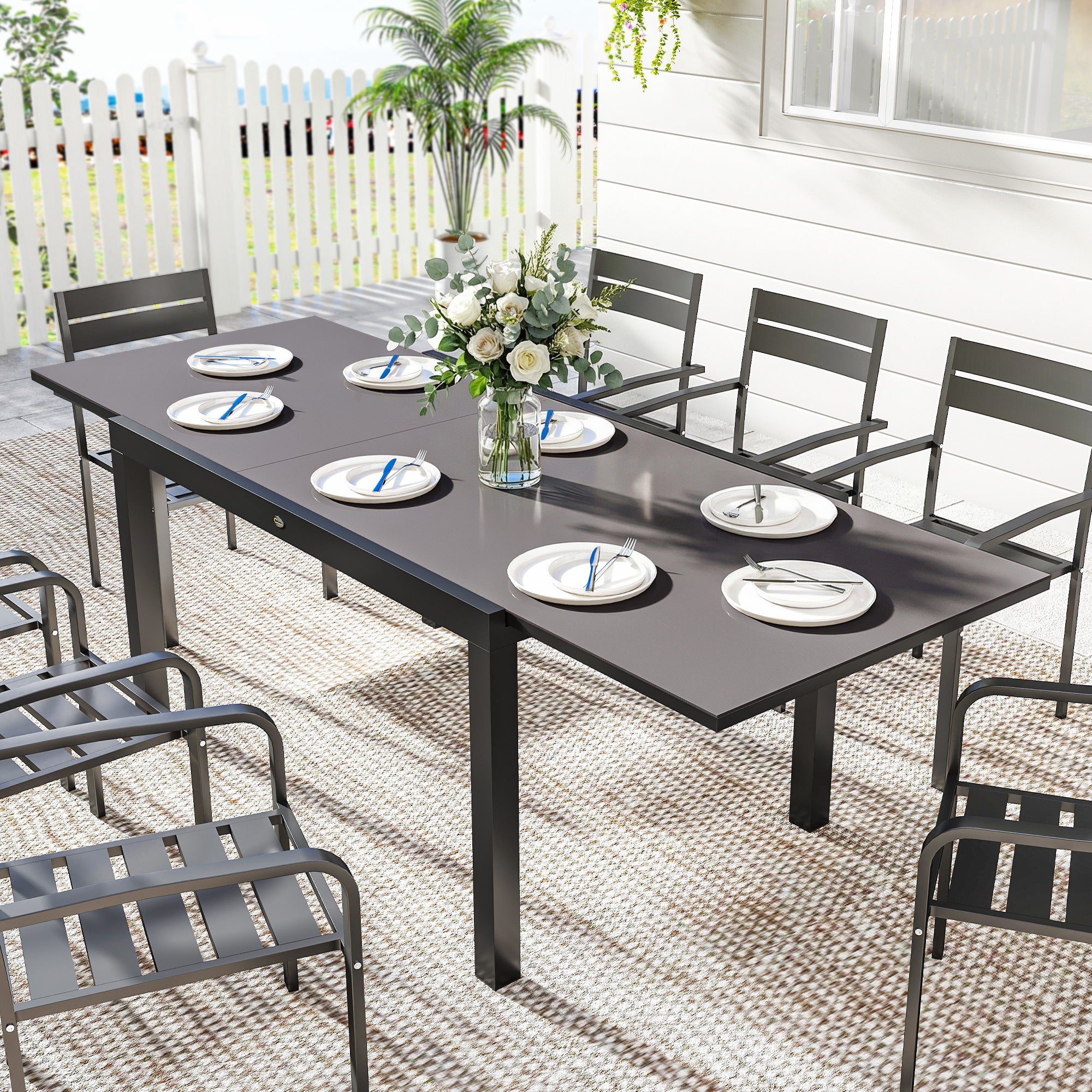 Expandable Dining Table, 55"-95" Black Patio Glass Top Aluminum Frame-DECOROLALA