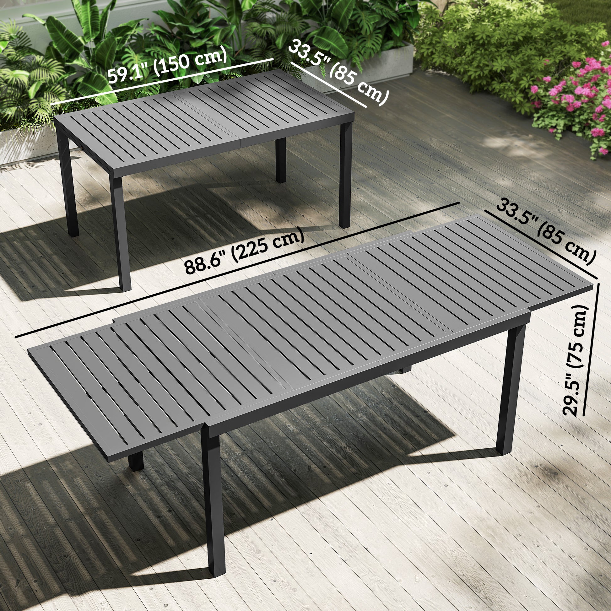 Expandable Patio Dining Table for 6-8, 59"-89" Aluminum, Dark Grey-DECOROLALA