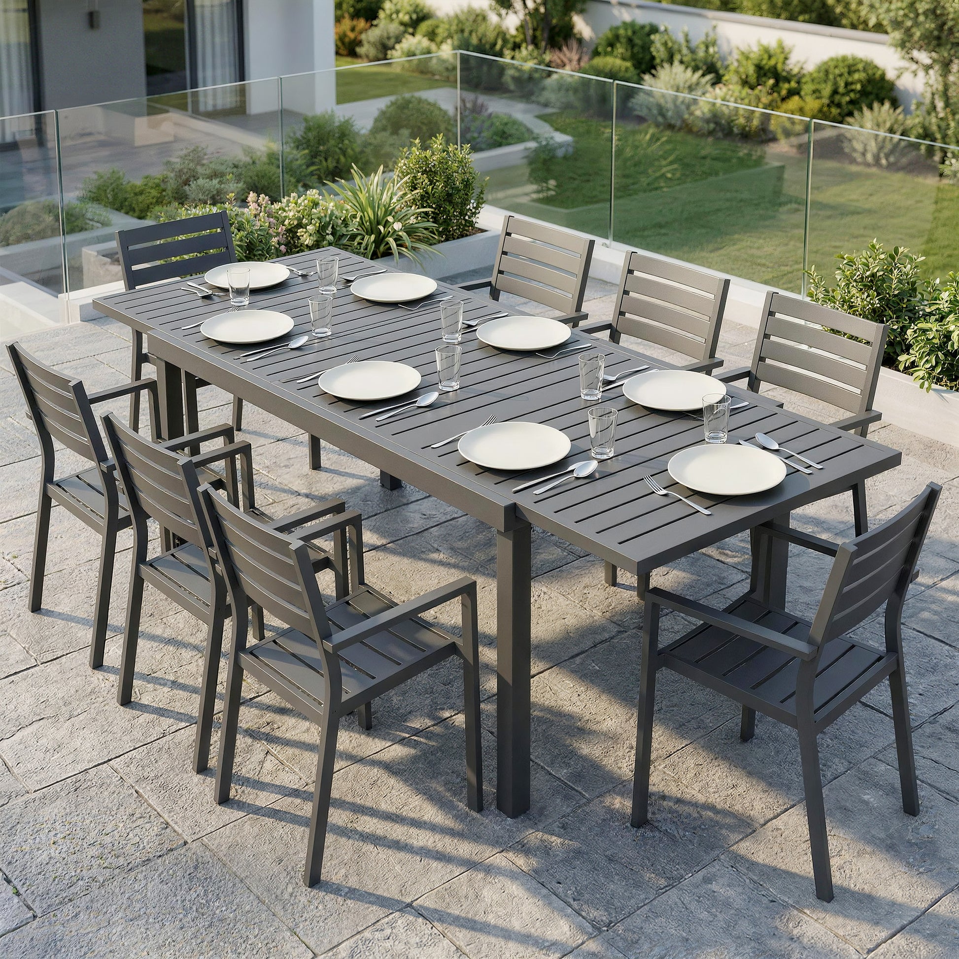 Expandable Patio Dining Table for 6-8, 59"-89" Aluminum, Dark Grey-DECOROLALA
