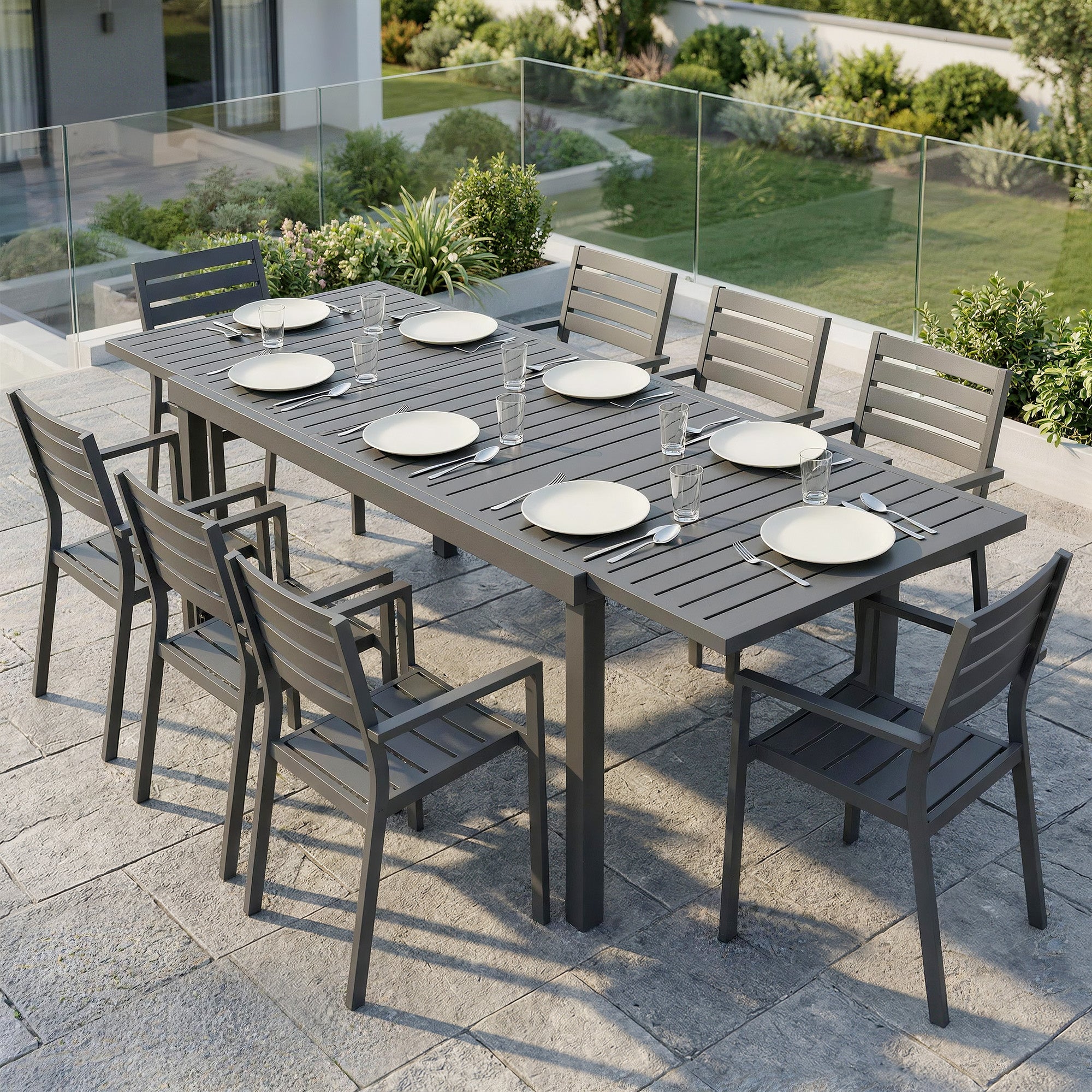 Expandable Patio Dining Table for 6-8, 59"-89" Aluminum, Dark Grey-DECOROLALA