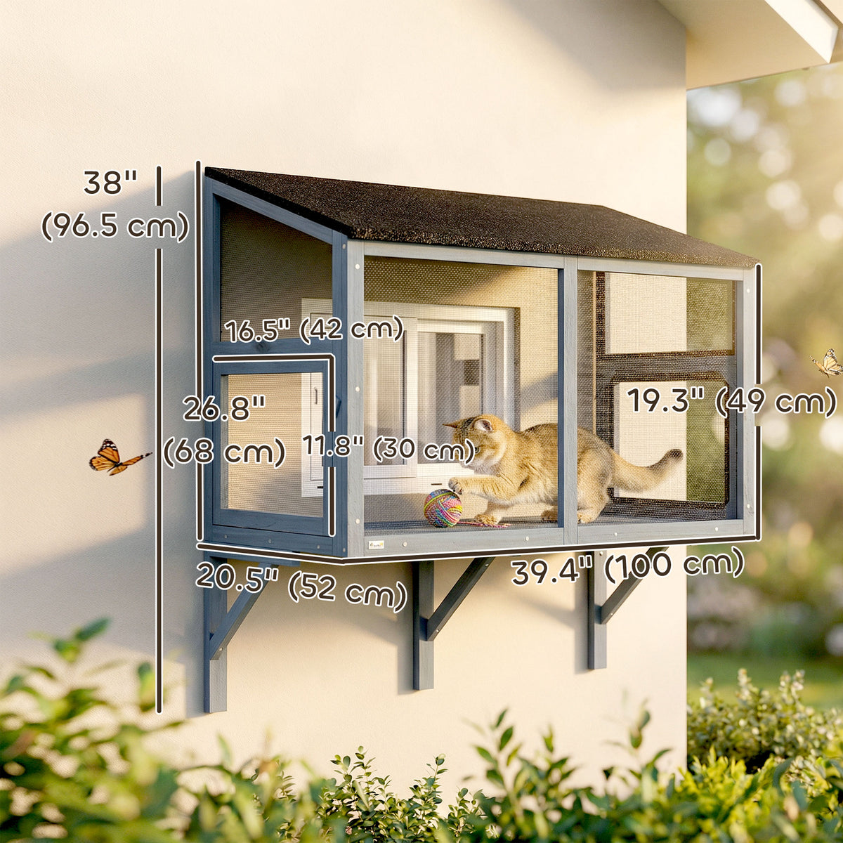 Expandable Wooden Window Catio Outdoor Cat Enclosure - Grey 39.4"L-Cats-DECOROLALA