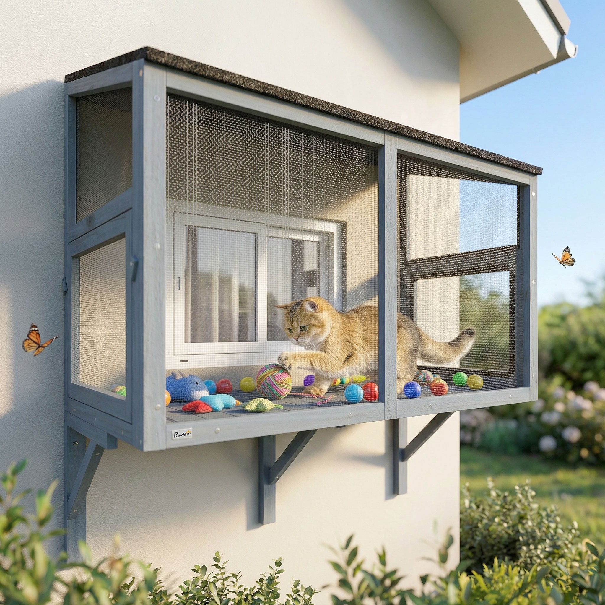 Expandable Wooden Window Catio Outdoor Cat Enclosure - Grey 39.4"L-Cats-DECOROLALA