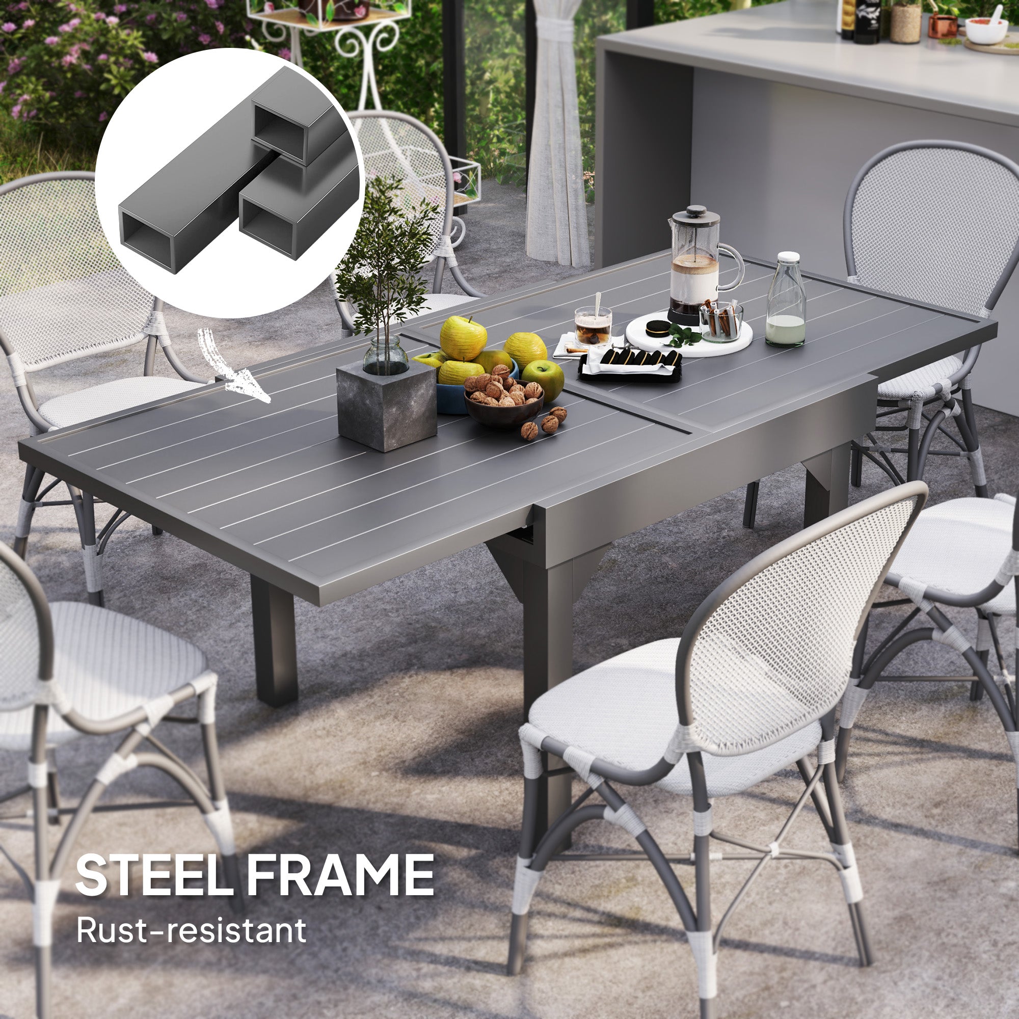 Extendable Aluminium Patio Dining Table, Grey, 4-6 Persons-DECOROLALA