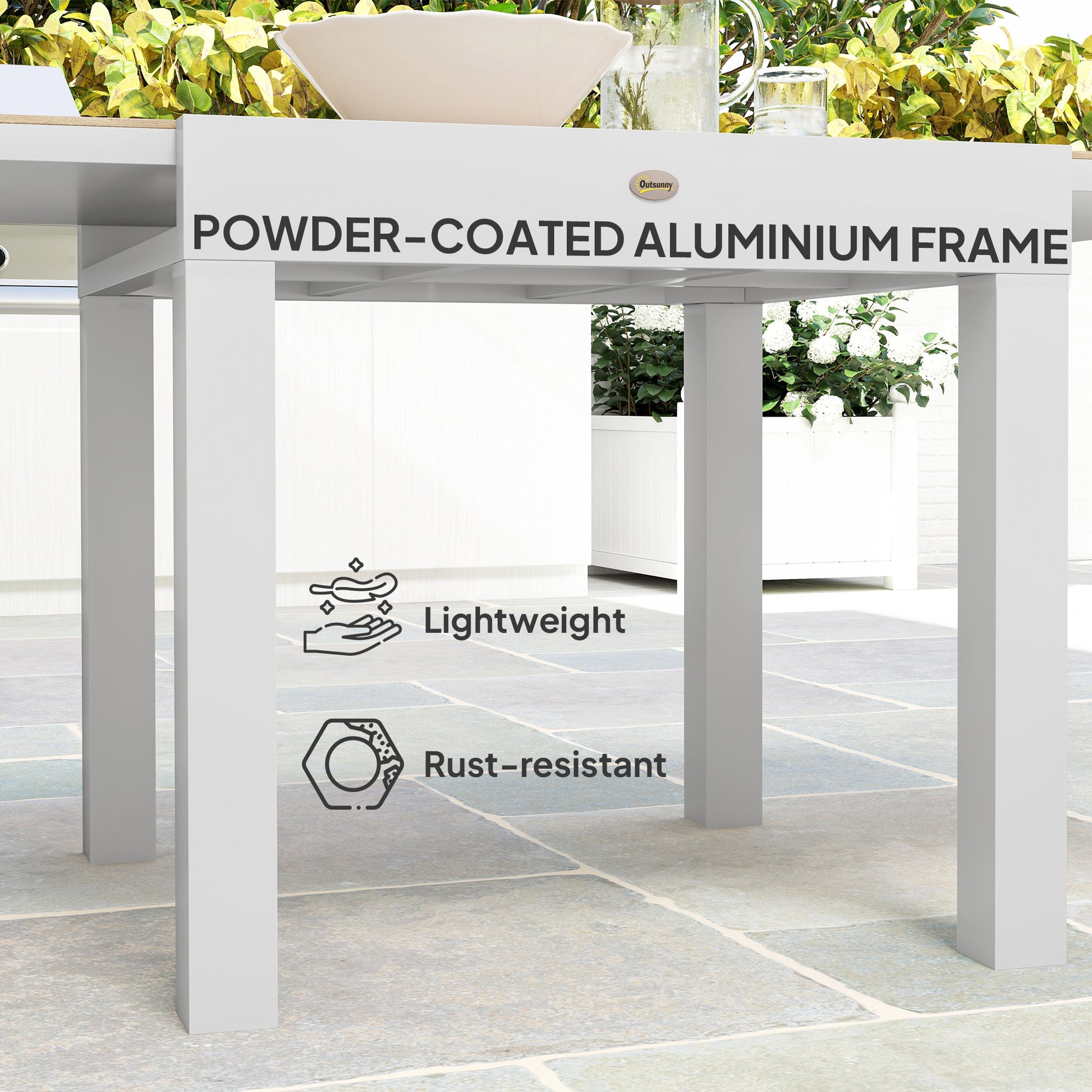 Extendable Aluminum Patio Dining Table with Faux Wood Top, Natural Wood-DECOROLALA
