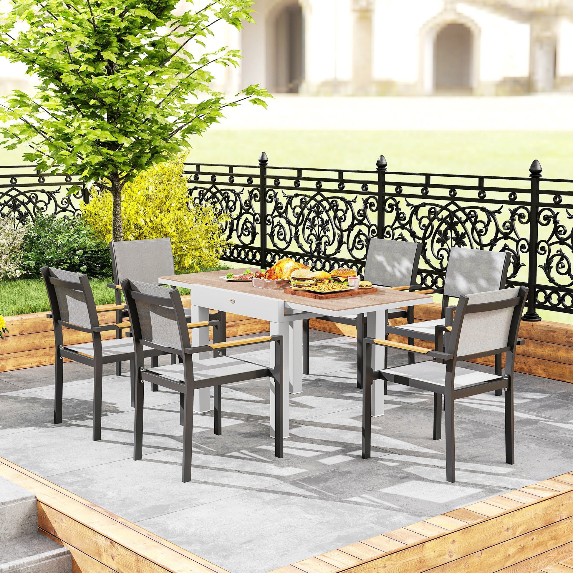 Extendable Aluminum Patio Dining Table with Faux Wood Top, Natural Wood-DECOROLALA