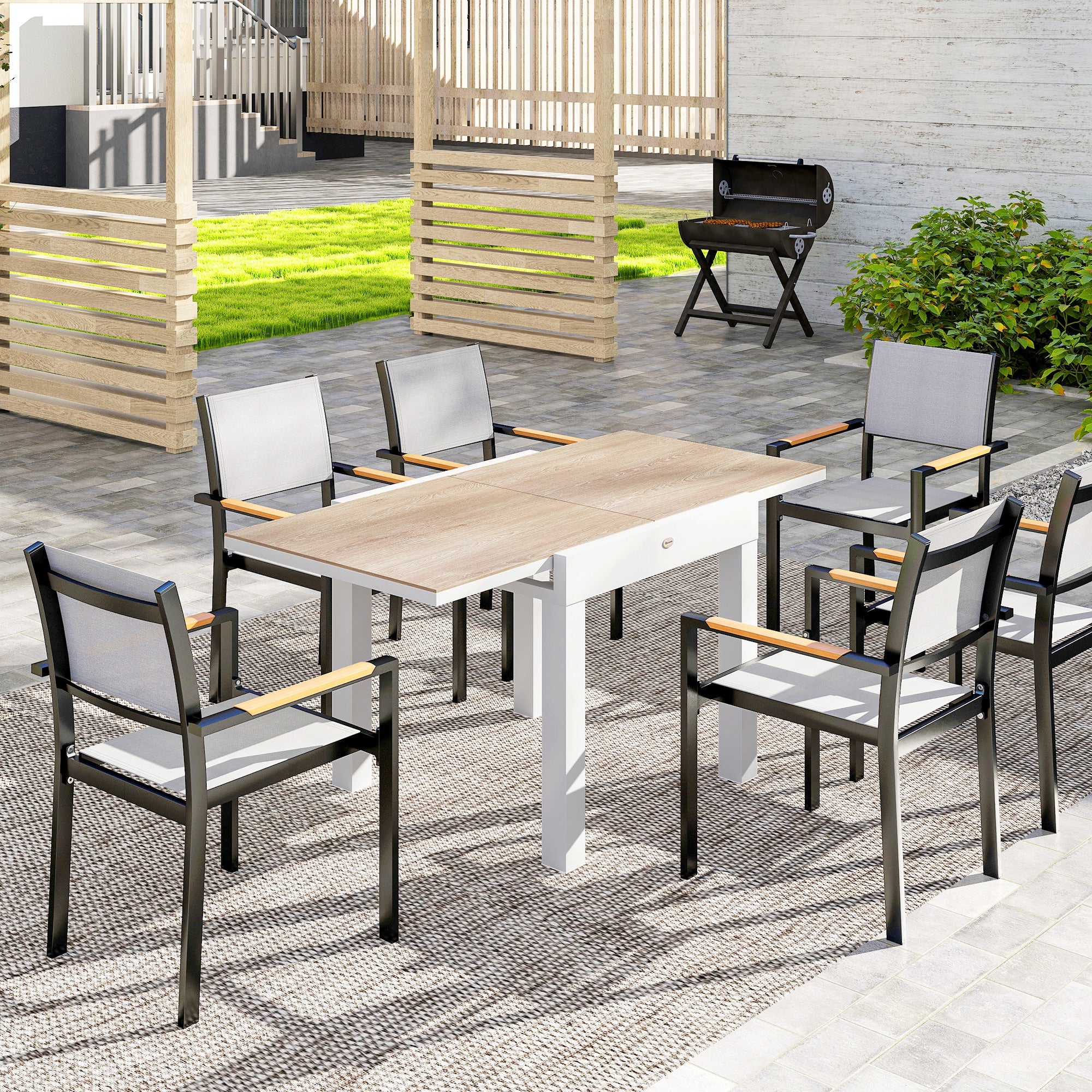 Extendable Aluminum Patio Dining Table with Faux Wood Top, Natural Wood-DECOROLALA