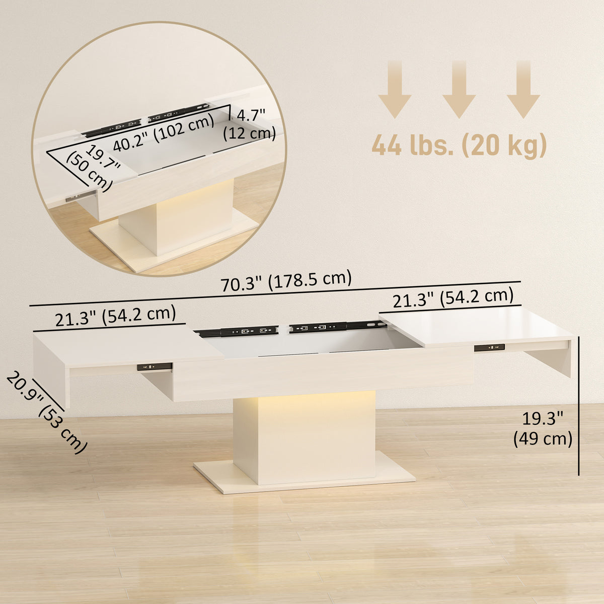 Extendable Coffee Table with LED Lights & Storage - White-Home Furnishings > Living Room Furniture > Coffee Tables-DECOROLALA