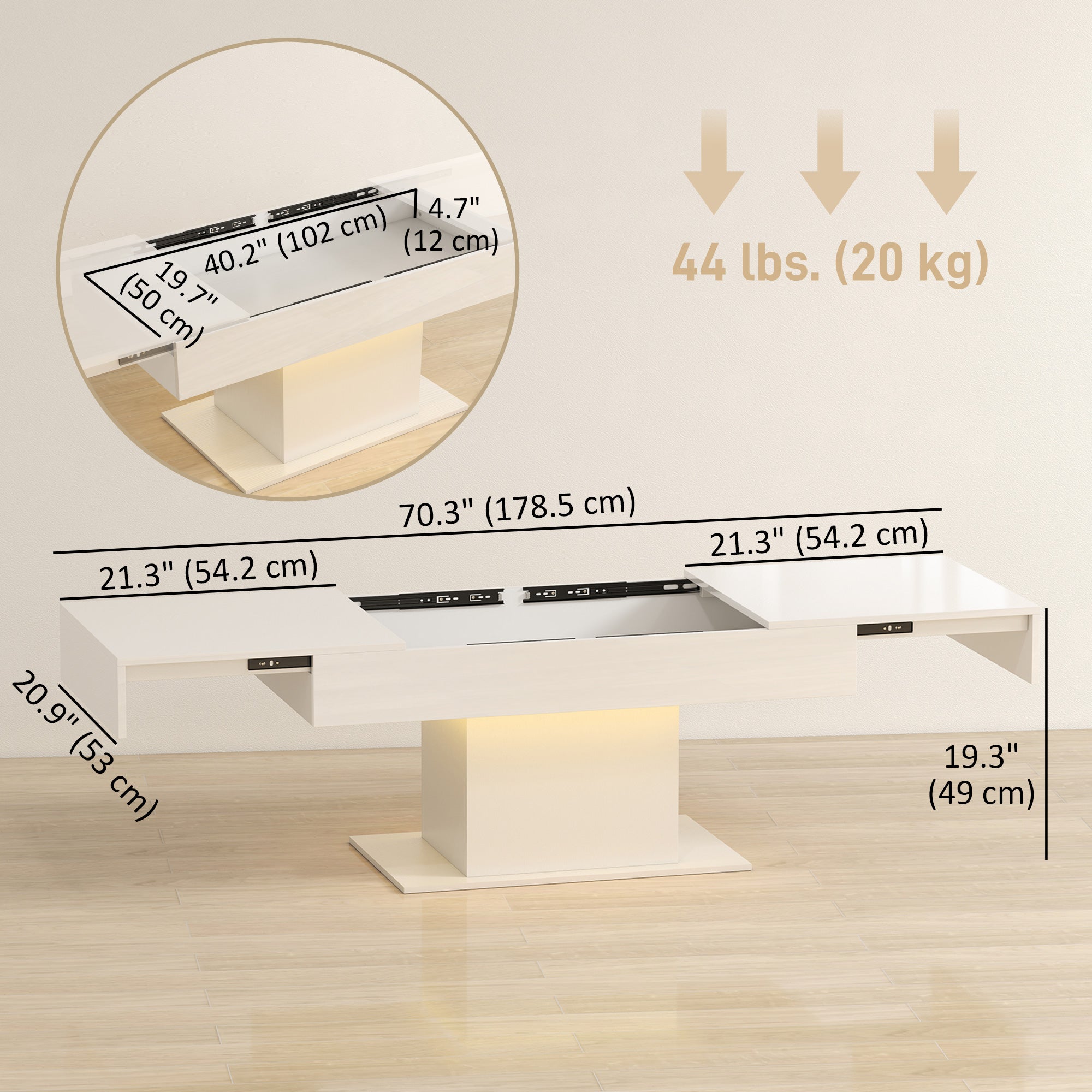 Extendable Coffee Table with LED Lights & Storage - White-Home Furnishings > Living Room Furniture > Coffee Tables-DECOROLALA