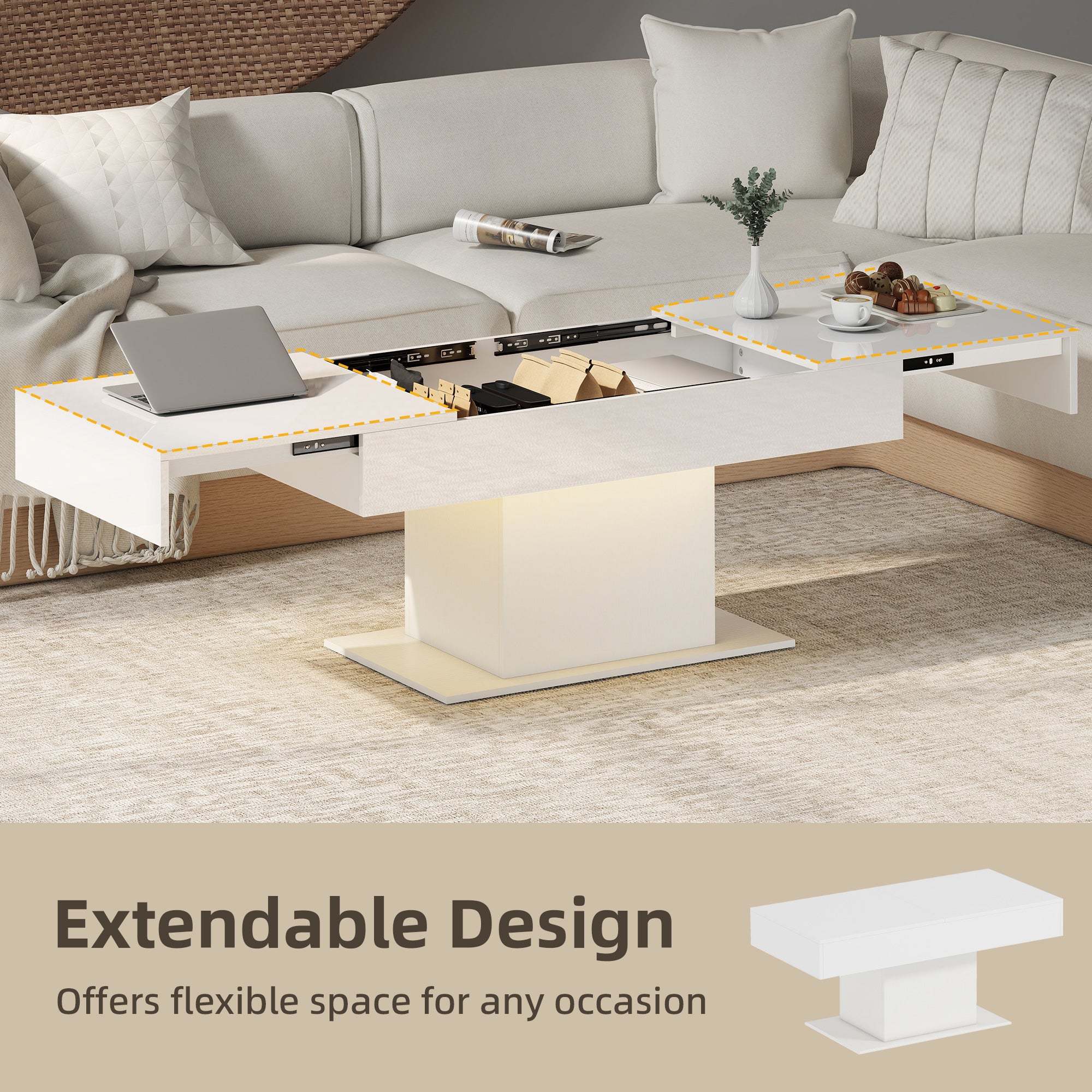 Extendable Coffee Table with LED Lights & Storage - White-Home Furnishings > Living Room Furniture > Coffee Tables-DECOROLALA