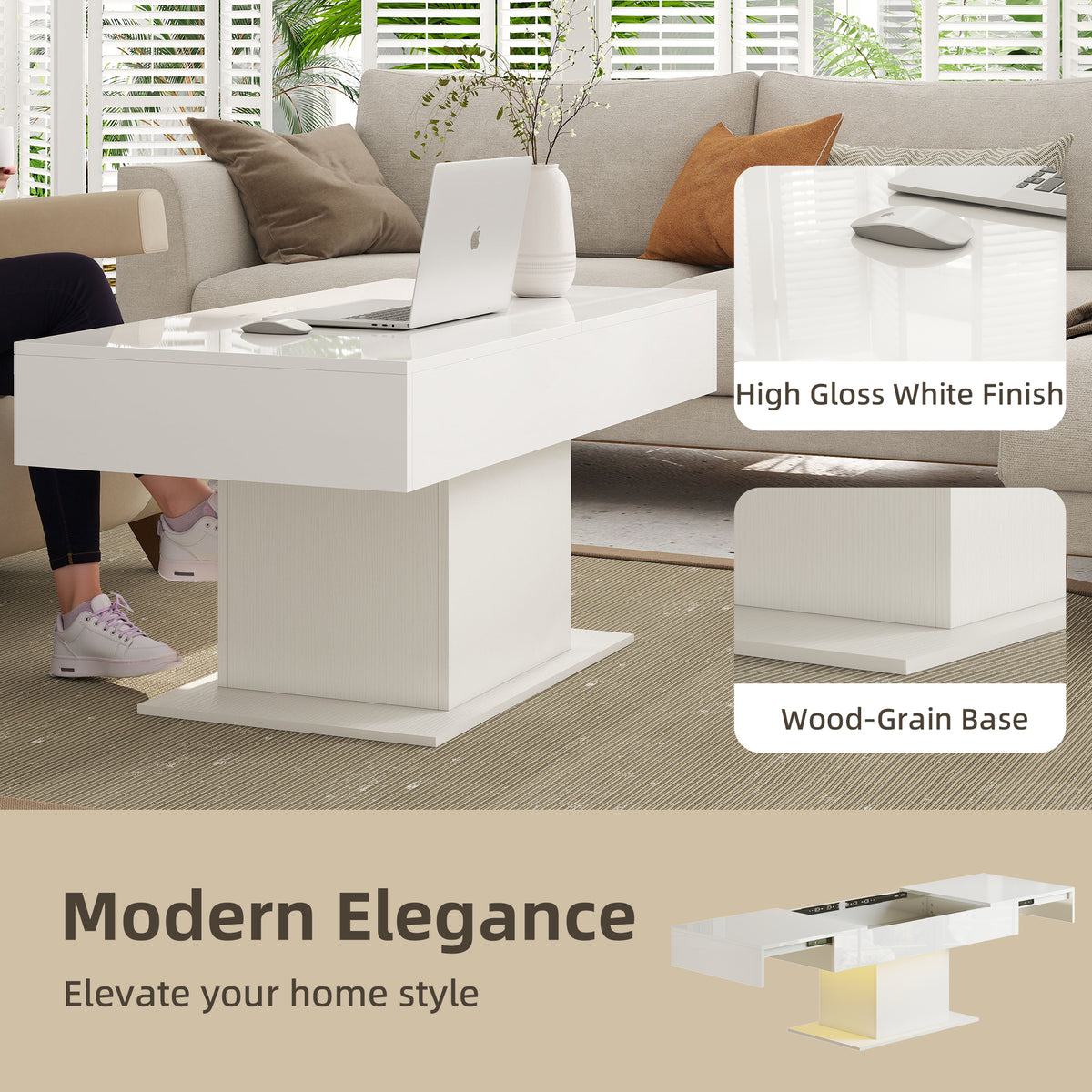 Extendable Coffee Table with LED Lights & Storage - White-Home Furnishings > Living Room Furniture > Coffee Tables-DECOROLALA