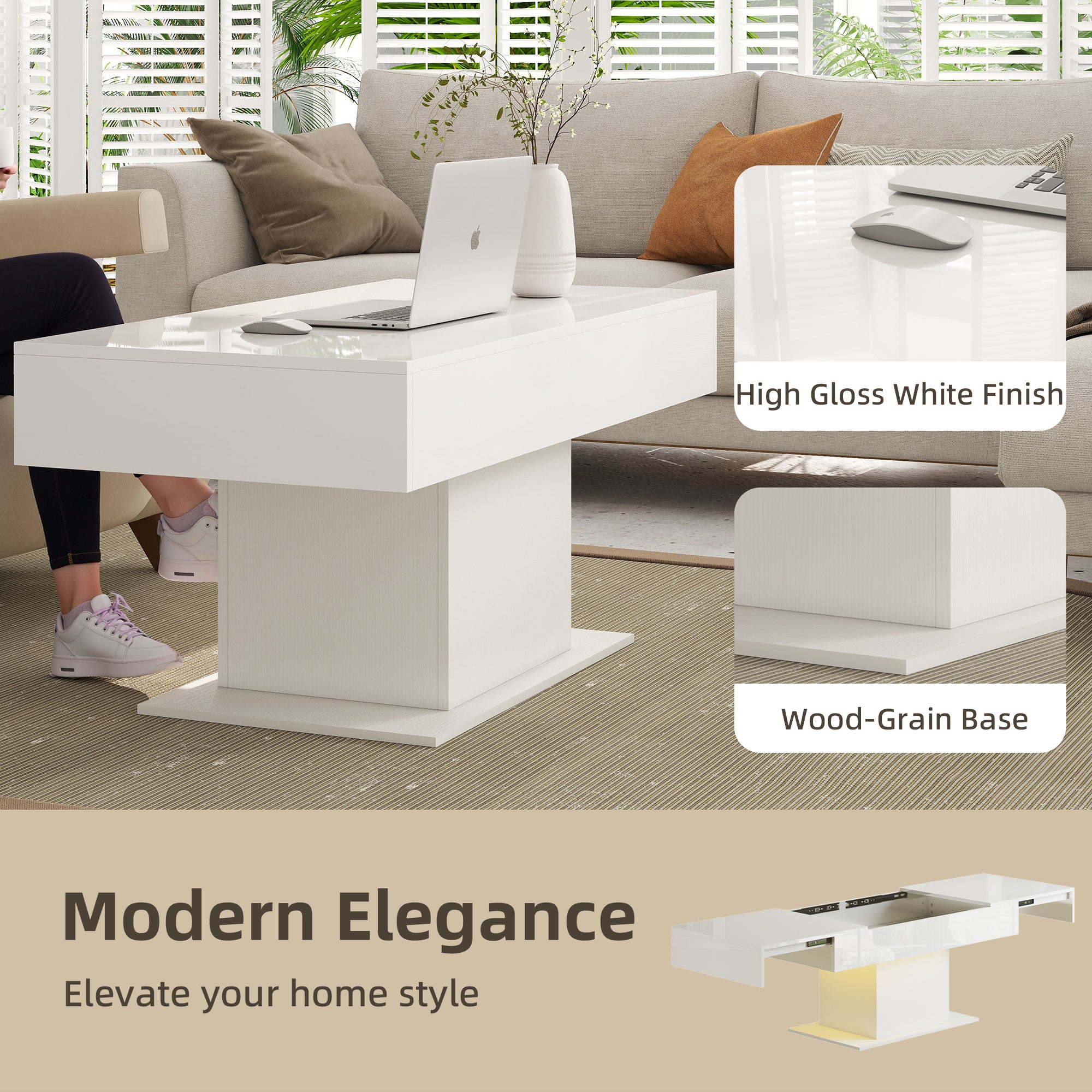 Extendable Coffee Table with LED Lights & Storage - White-Home Furnishings > Living Room Furniture > Coffee Tables-DECOROLALA