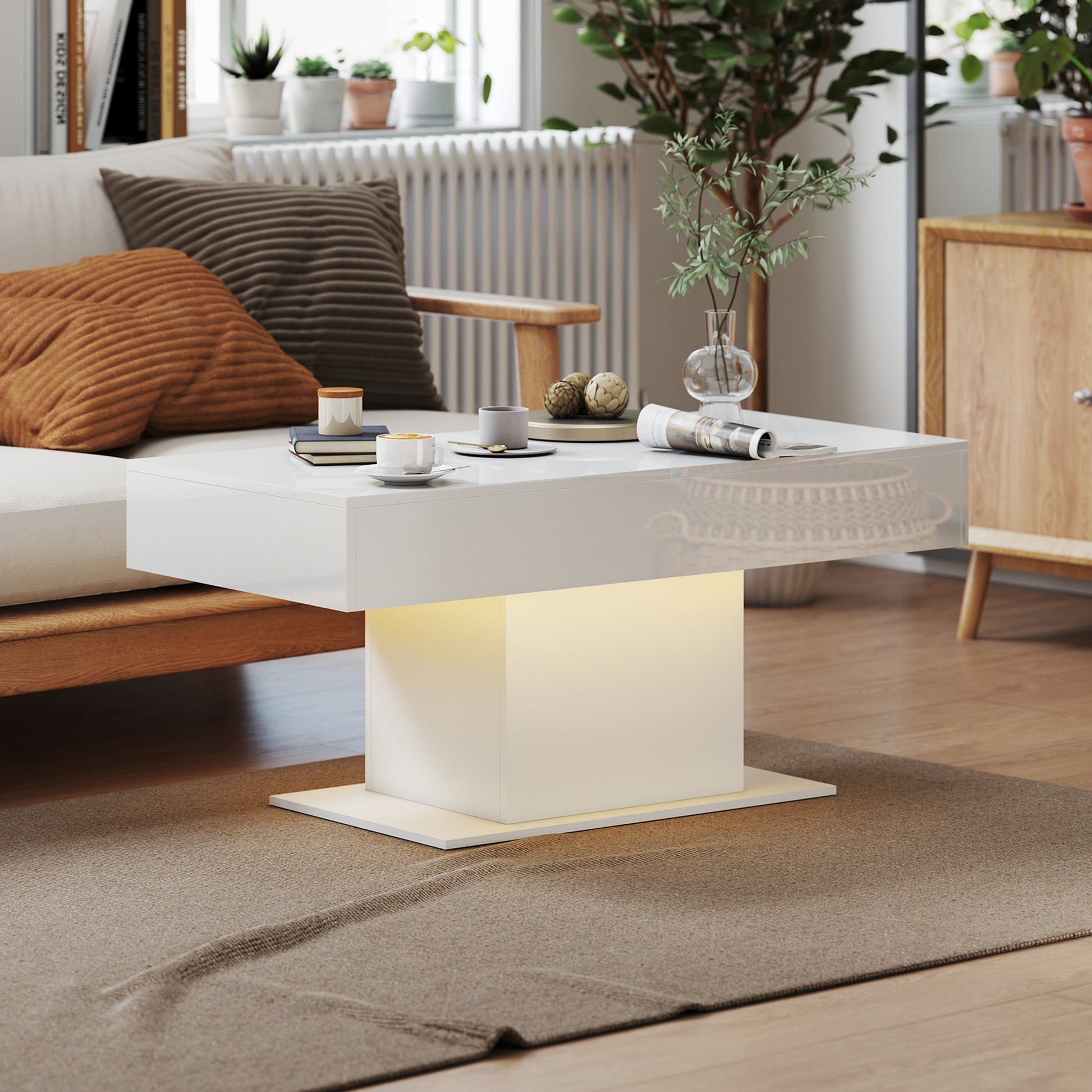 Extendable Coffee Table with LED Lights & Storage - White-Home Furnishings > Living Room Furniture > Coffee Tables-DECOROLALA