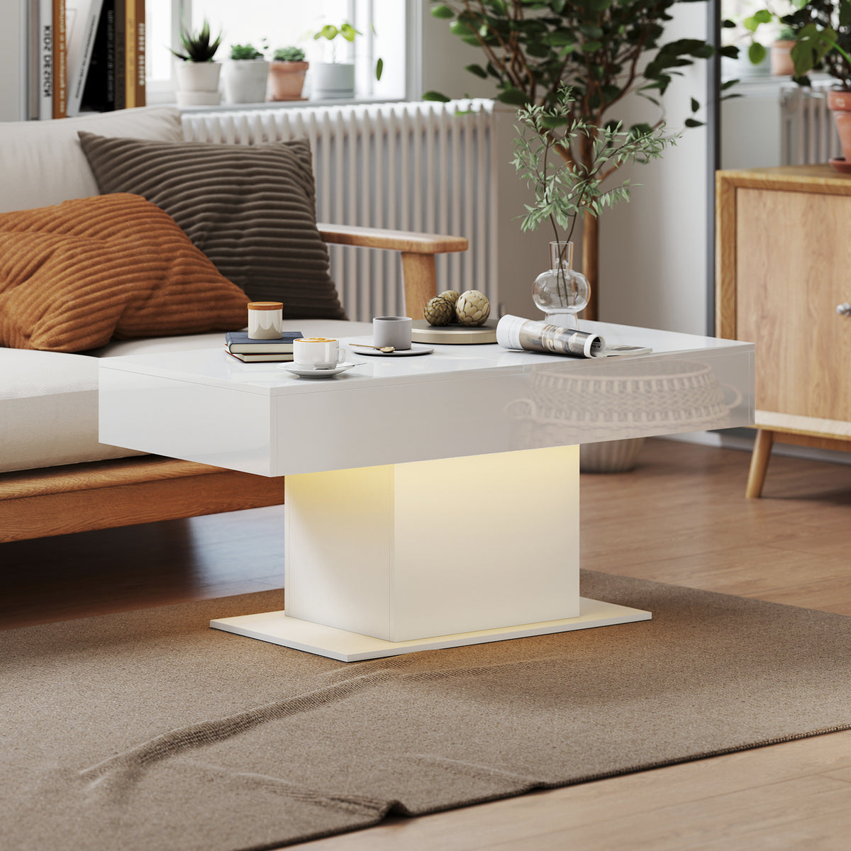 Extendable Coffee Table with LED Lights & Storage - White-Home Furnishings > Living Room Furniture > Coffee Tables-DECOROLALA