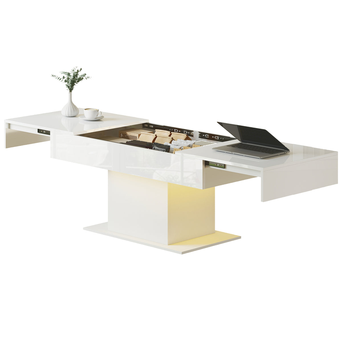 Extendable Coffee Table with LED Lights & Storage - White-Home Furnishings > Living Room Furniture > Coffee Tables-DECOROLALA