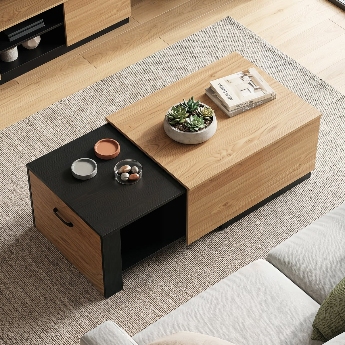 Extendable Coffee table with Concealed Storage Compartment-Natural-Coffee Tables-DECOROLALA