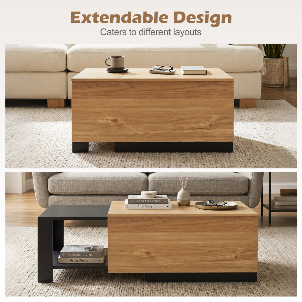 Extendable Coffee table with Concealed Storage Compartment-Natural-Coffee Tables-DECOROLALA