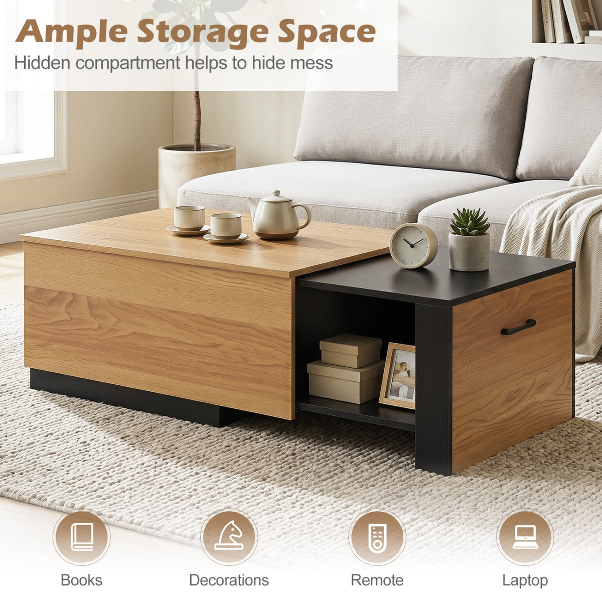 Extendable Coffee table with Concealed Storage Compartment-Natural-Coffee Tables-DECOROLALA