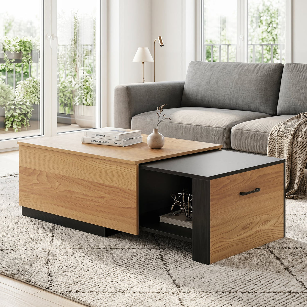 Extendable Coffee table with Concealed Storage Compartment-Natural-Coffee Tables-DECOROLALA