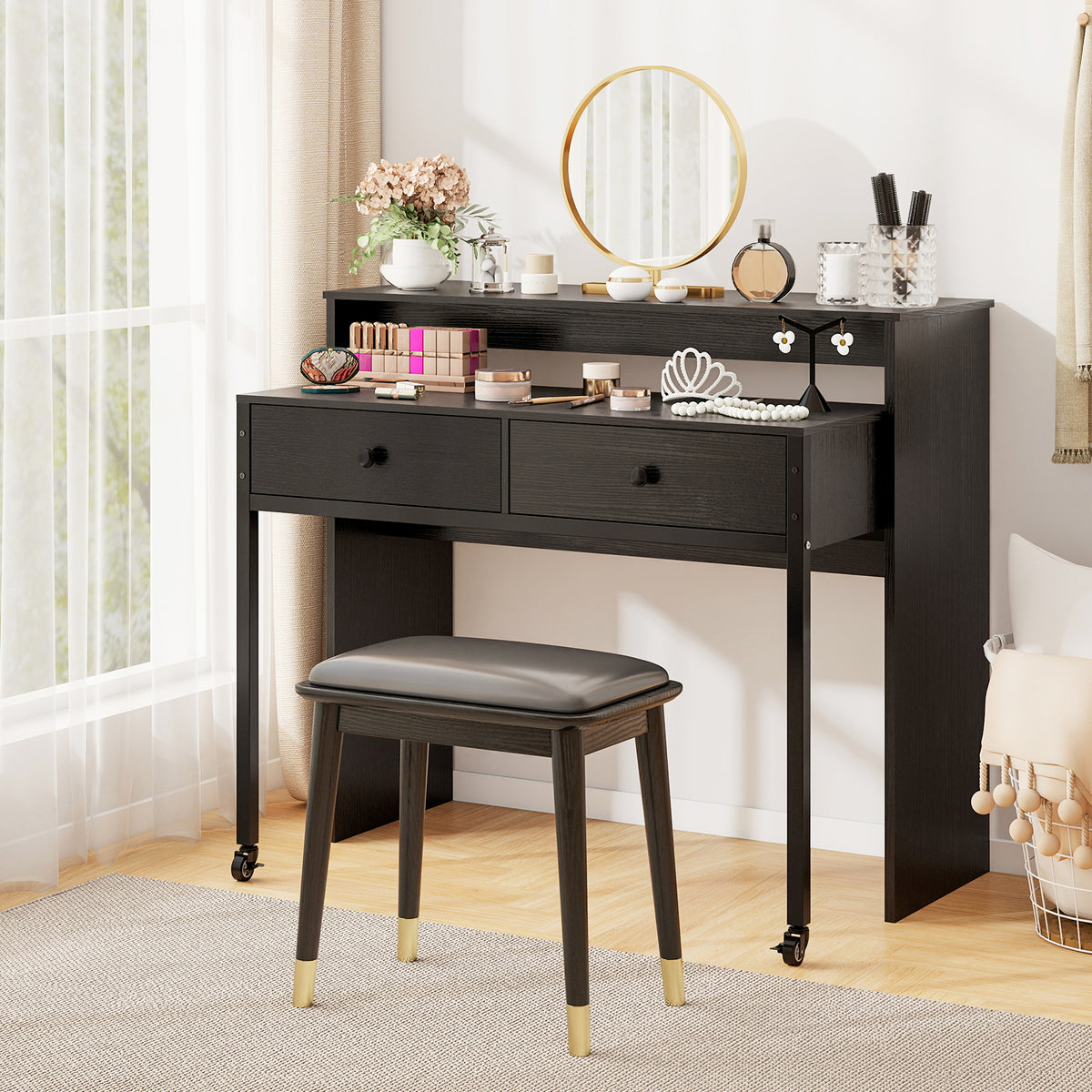 Extendable Computer Desk with 2 Storage Drawers Convertible Home Office Rolling Study Writing Desk-Black-Office Desks-DECOROLALA