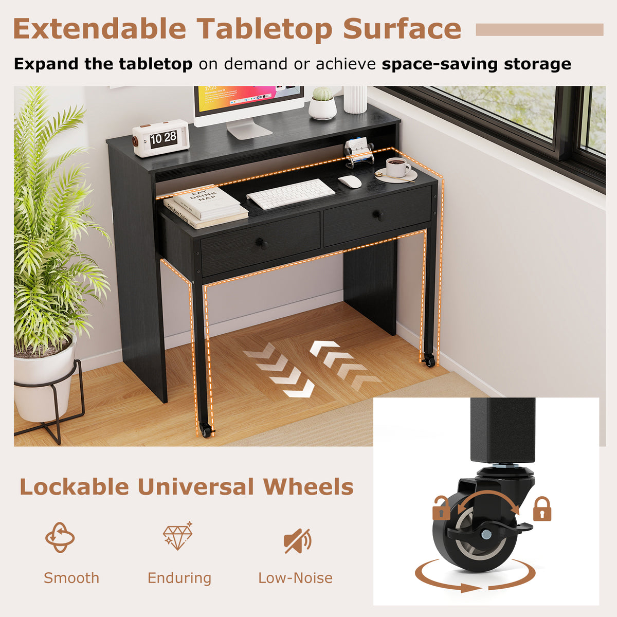 Extendable Computer Desk with 2 Storage Drawers Convertible Home Office Rolling Study Writing Desk-Black-Office Desks-DECOROLALA